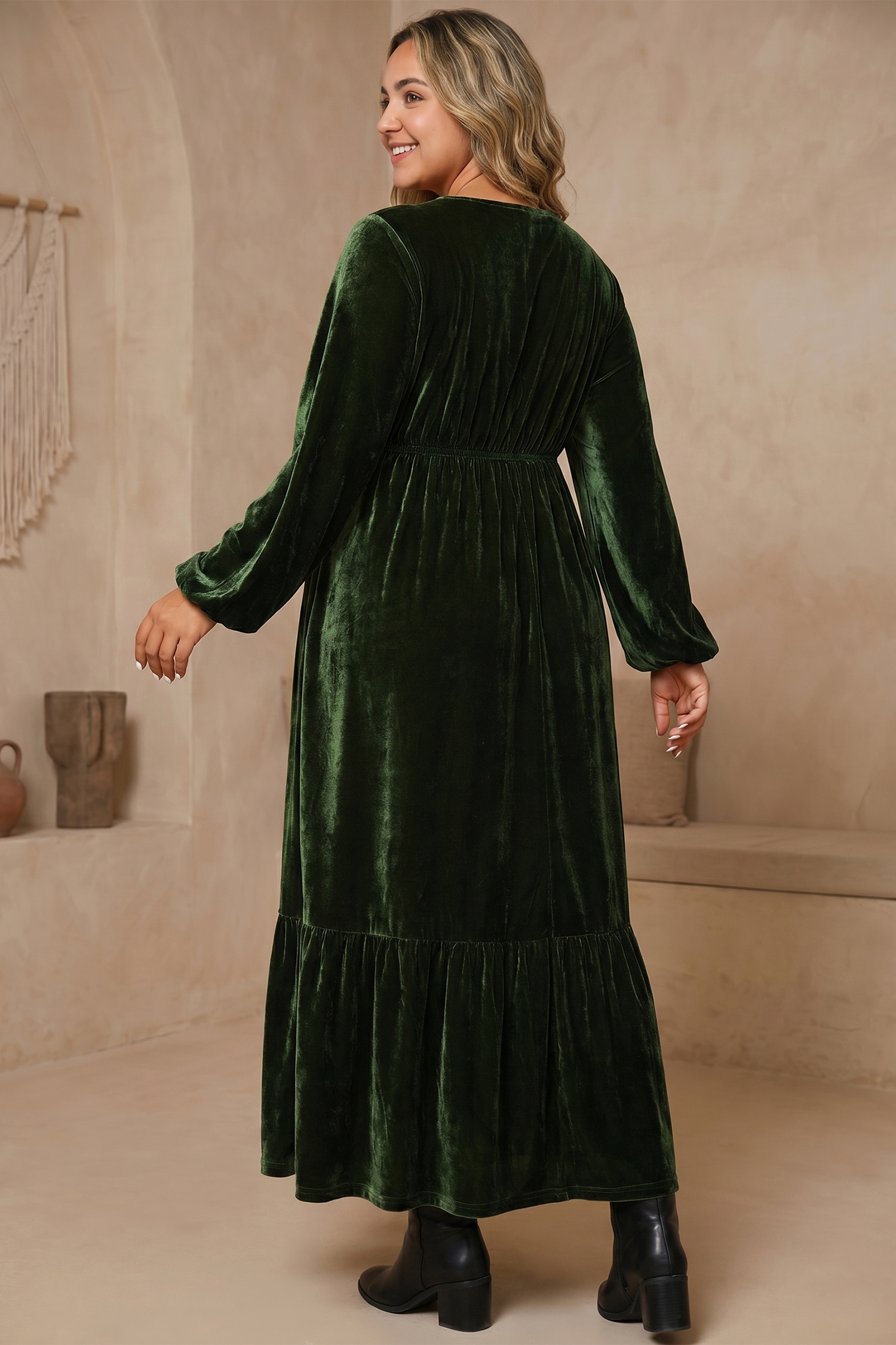 Elegant Green Velvet Maxi Dress, V Neck Long Sleeve Gown - Detail View 2 Elegant Green Velvet Maxi Dress, V Neck Long Sleeve Gown - Detail View 2
