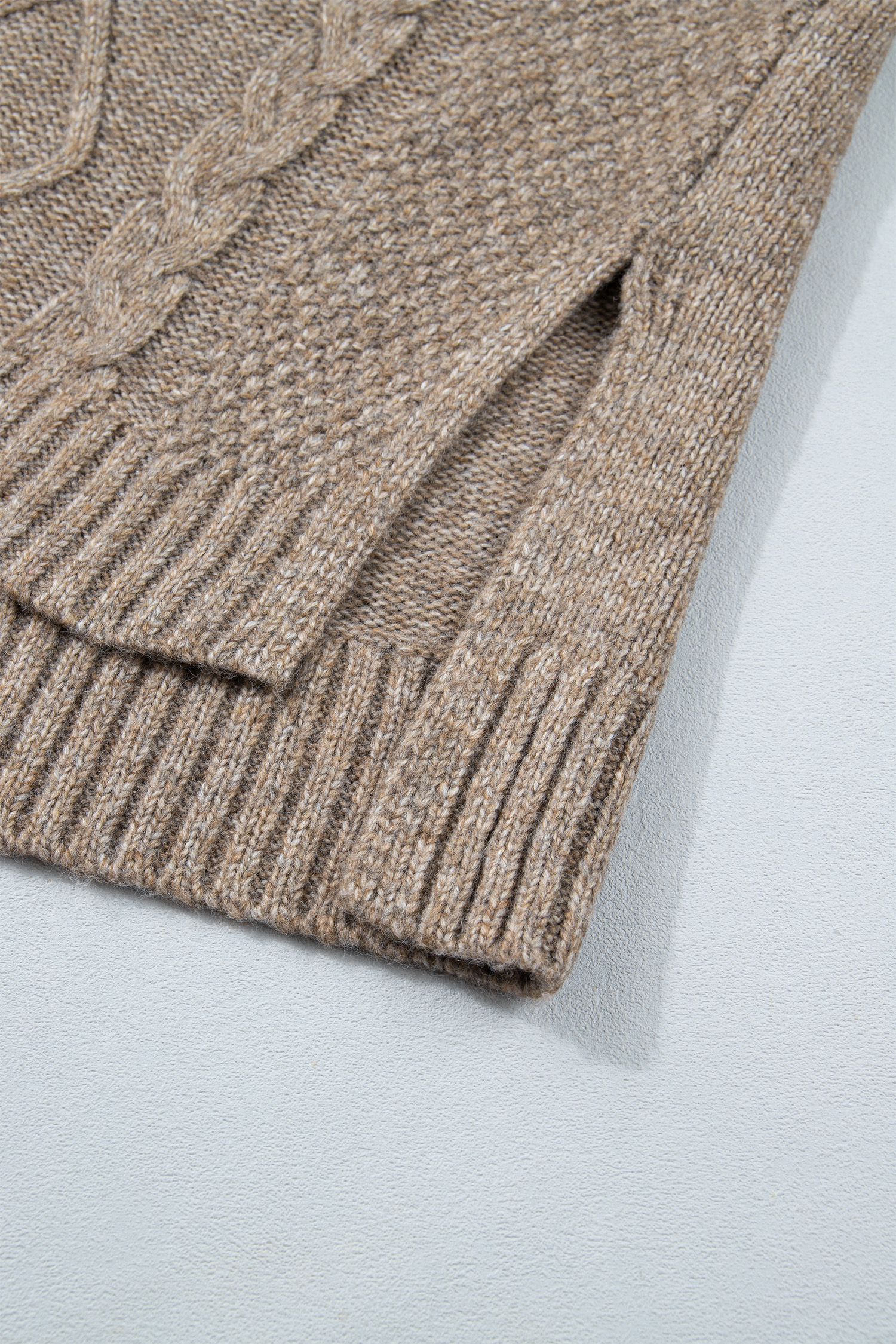 Dark Khaki Women's Cable Knit Sweater, Mock Neck Casual Top - Detail View 7 Dark Khaki Women's Cable Knit Sweater, Mock Neck Casual Top - Detail View 7