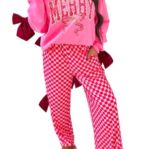 Women's Christmas Pant Set, Pink Plaid Casual Loungewear - Main View