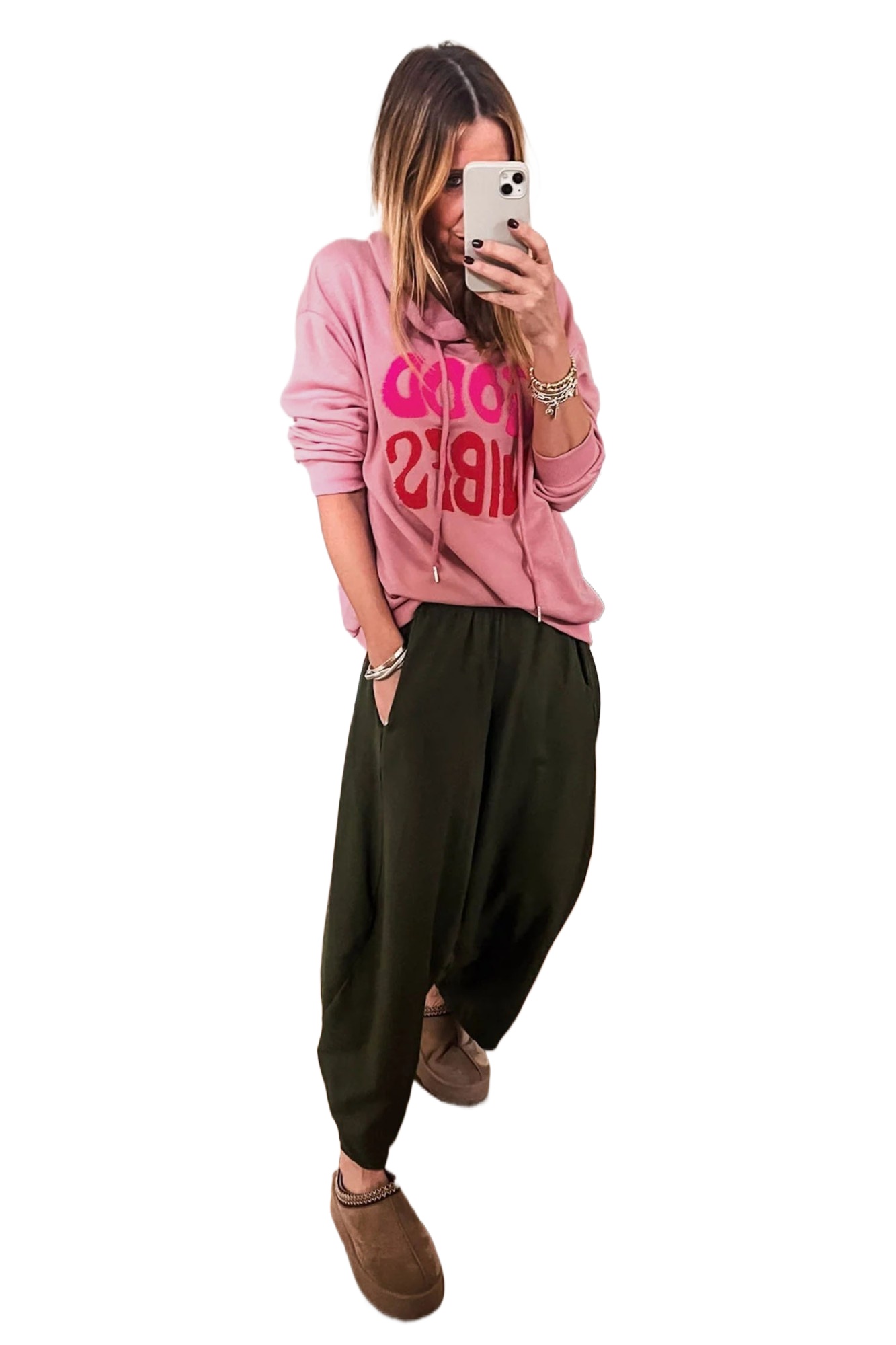 Women's Pink Hoodie, Good Vibes Graphic Autumn Sweatshirt - Main View Women's Pink Hoodie, Good Vibes Graphic Autumn Sweatshirt - Main View