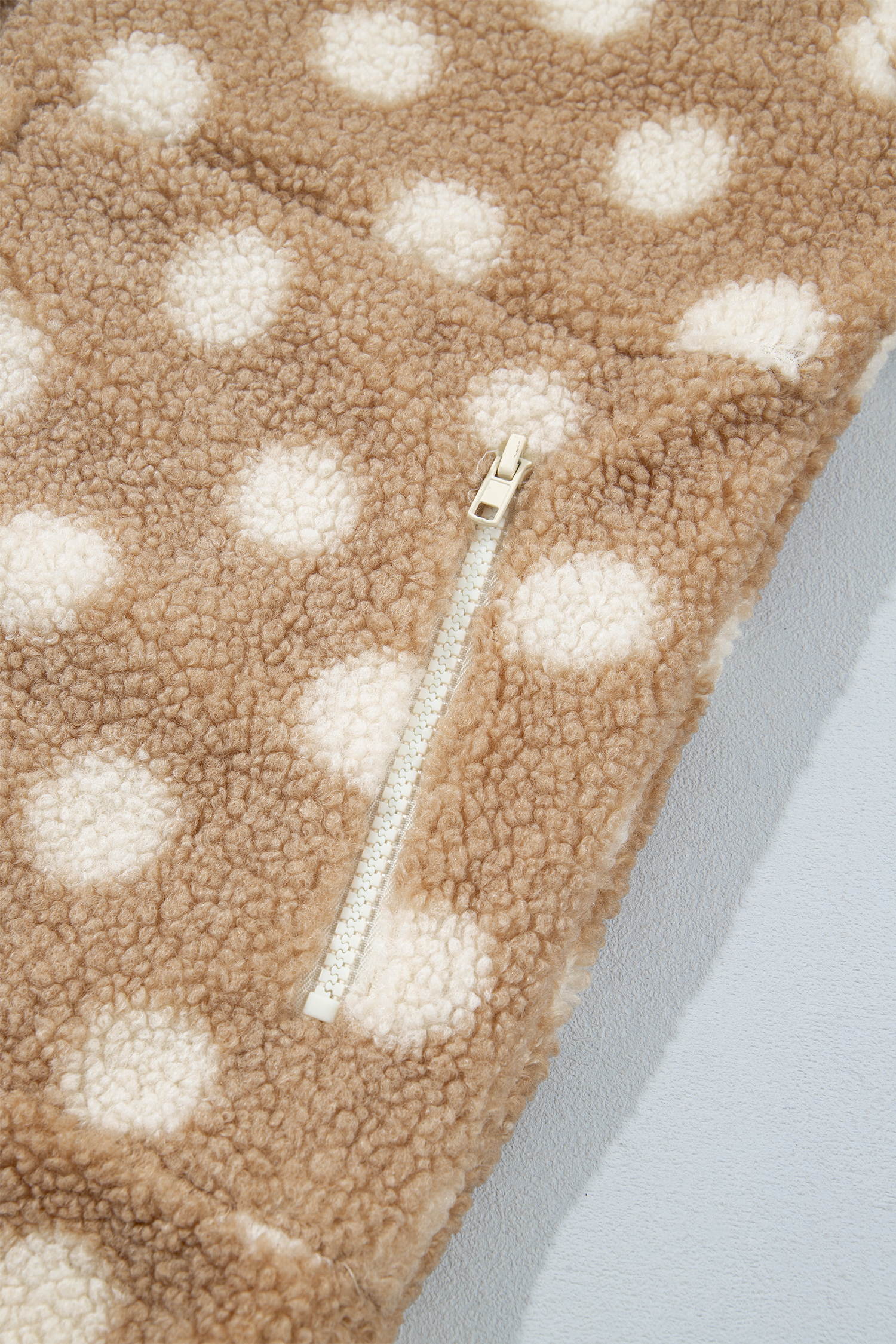 Women's Khaki Sherpa Button Jacket, Casual Polka Dot Coat - Detail View 12 Women's Khaki Sherpa Button Jacket, Casual Polka Dot Coat - Detail View 12