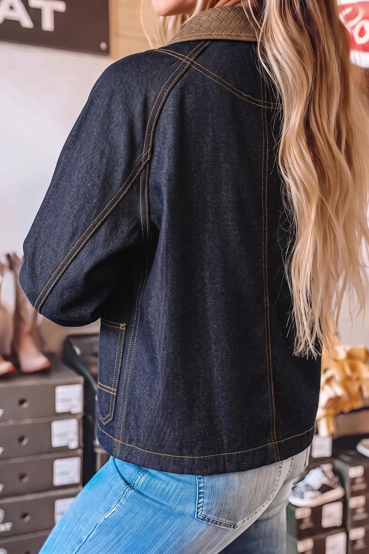 Women's Contrast Collar Jacket, Western Denim Fall Coat - Detail View 2 Women's Contrast Collar Jacket, Western Denim Fall Coat - Detail View 2