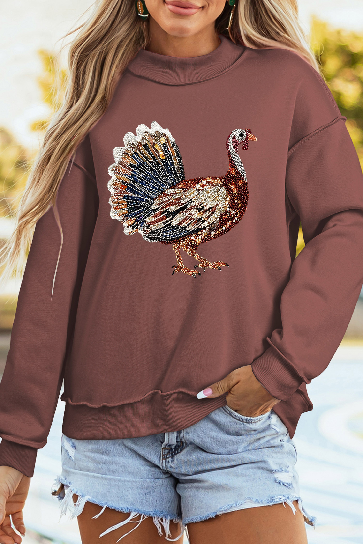 Long Sleeve Turkey Print Pullover, Women's Autumn Casual - Detail View 3 Long Sleeve Turkey Print Pullover, Women's Autumn Casual - Detail View 3