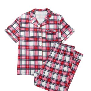Womens Plaid Pajama Set, Short Sleeve Button Down Loungewear - Main View