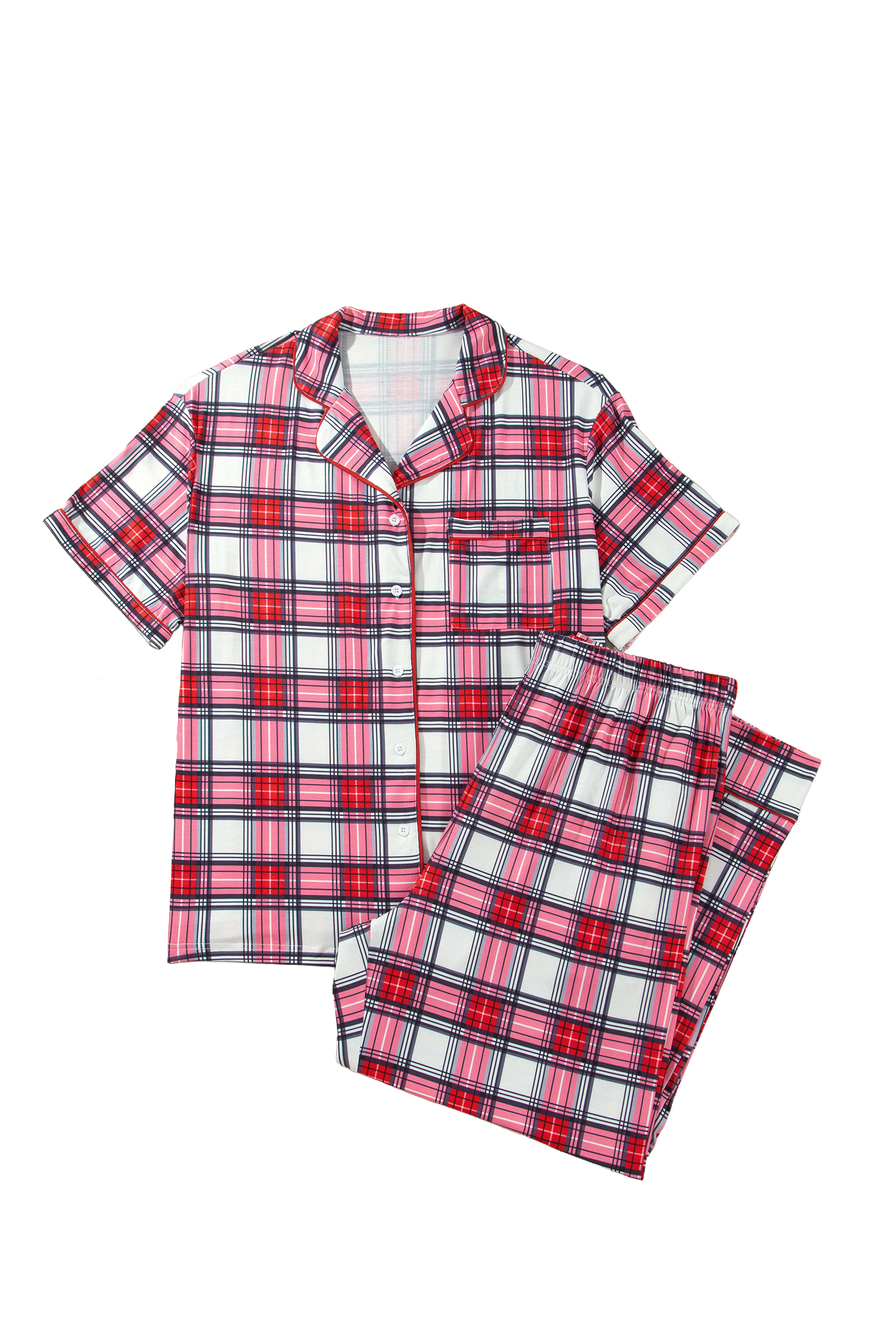 Womens Plaid Pajama Set, Short Sleeve Button Down Loungewear - Main View Womens Plaid Pajama Set, Short Sleeve Button Down Loungewear - Main View
