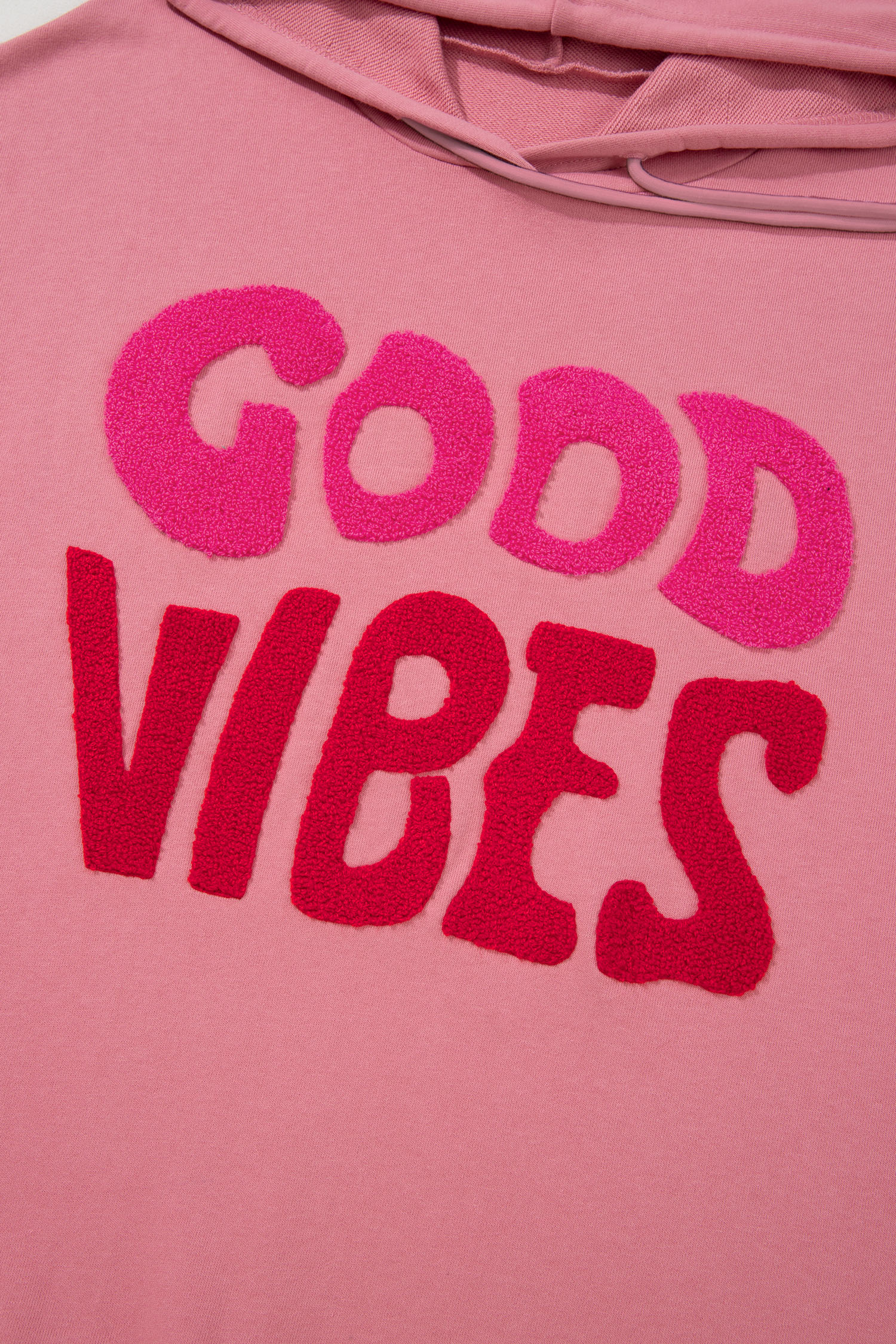Women's Pink Hoodie, Good Vibes Graphic Autumn Sweatshirt - Detail View 10 Women's Pink Hoodie, Good Vibes Graphic Autumn Sweatshirt - Detail View 10