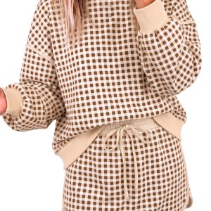 Women's Gingham Skort Set, Casual Brown Plaid 2 Piece Outfit - Main View