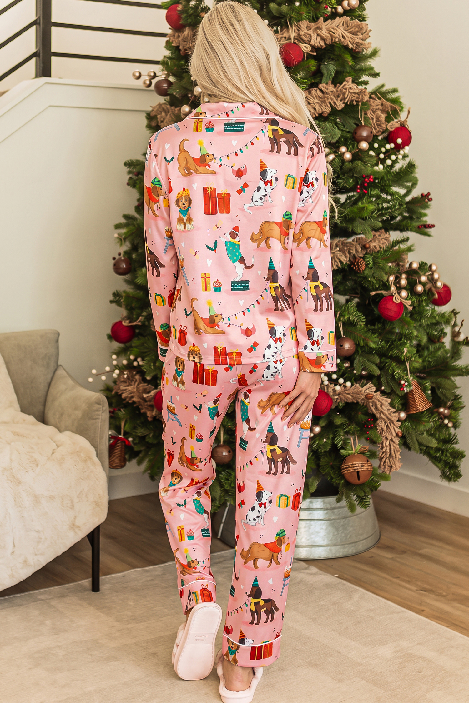 Pink Christmas Dog Pajama Set, Festive Long Sleeve Sleepwear - Detail View 2 Pink Christmas Dog Pajama Set, Festive Long Sleeve Sleepwear - Detail View 2