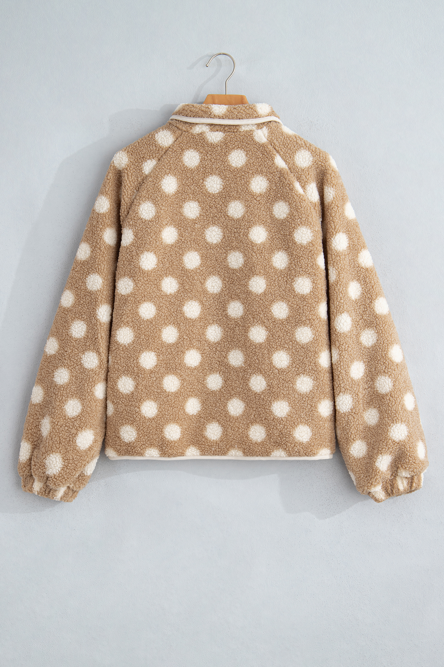 Women's Khaki Polka Dot Sherpa Jacket, Casual Winter Coat - Detail View 7 Women's Khaki Polka Dot Sherpa Jacket, Casual Winter Coat - Detail View 7