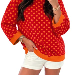Women's Red Polka Dot Top, Casual Contrast Trim Shirt - Main View