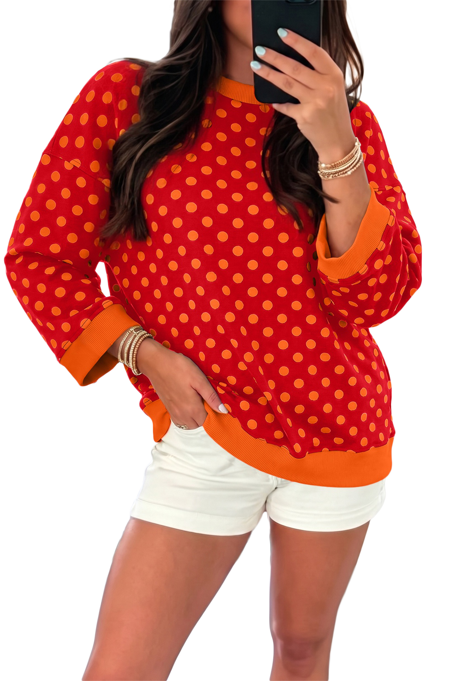Women's Red Polka Dot Top, Casual Contrast Trim Shirt - Main View Women's Red Polka Dot Top, Casual Contrast Trim Shirt - Main View