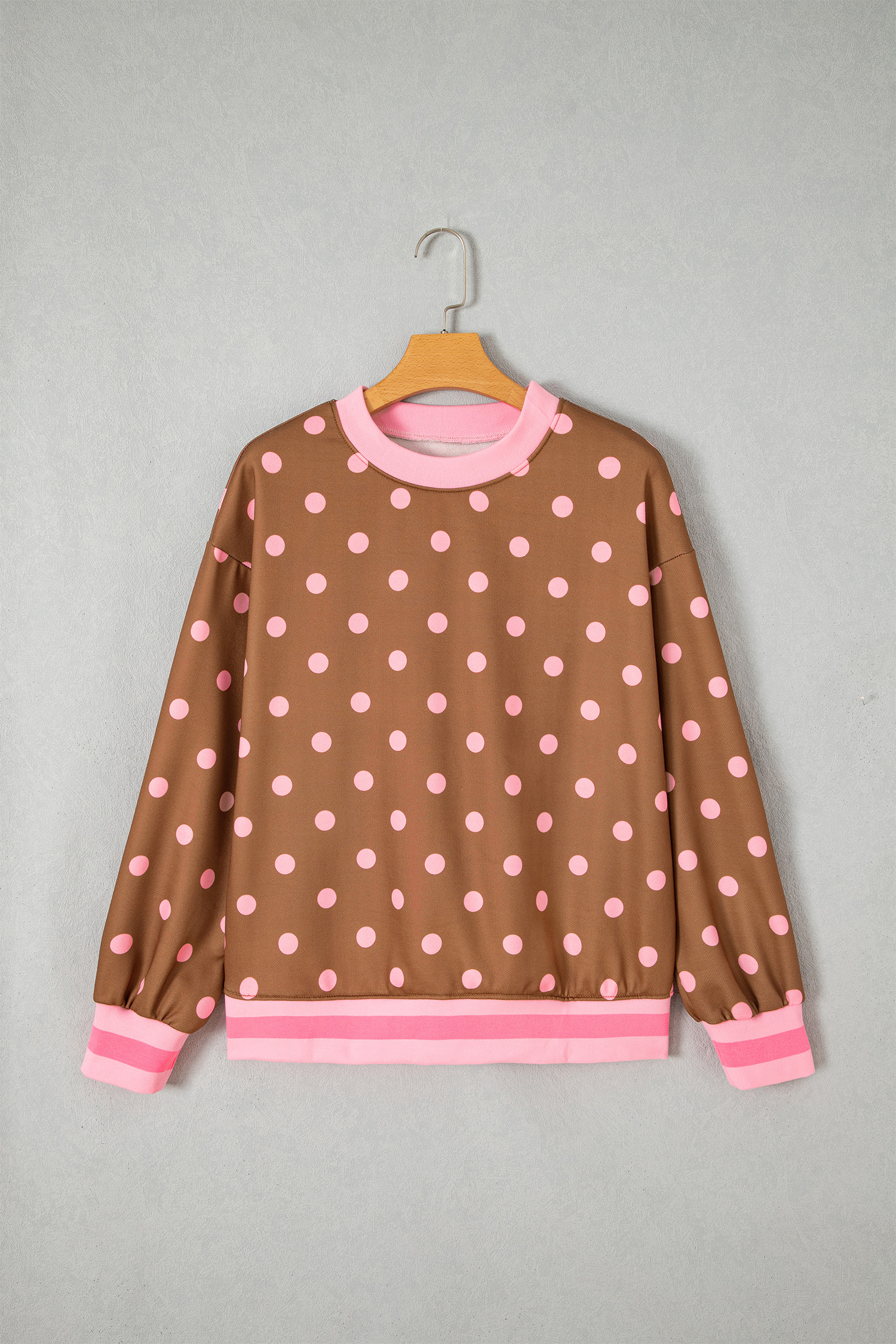 Women's Brown Polka Dot Pullover, Casual Fall Sweatshirt - Detail View 2 Women's Brown Polka Dot Pullover, Casual Fall Sweatshirt - Detail View 2