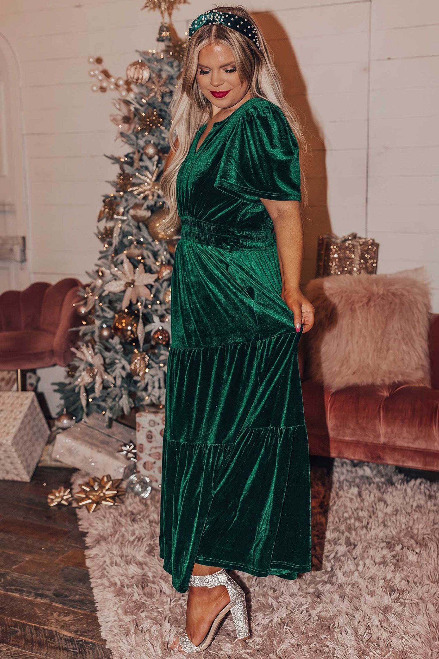 Soft Velvet Long Dress, Women's Fall Tiered A Line Gown - Detail View 6 Soft Velvet Long Dress, Women's Fall Tiered A Line Gown - Detail View 6
