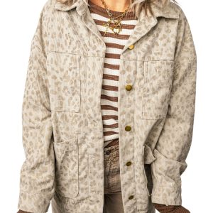 Women's Leopard Corduroy Jacket, Casual Khaki Shirt - Main View
