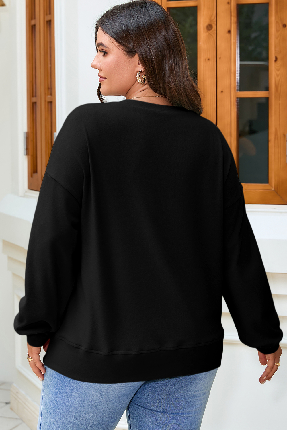 Button Placket Crew Neck Top, Solid Black Plus Size Women - Detail View 2 Button Placket Crew Neck Top, Solid Black Plus Size Women - Detail View 2