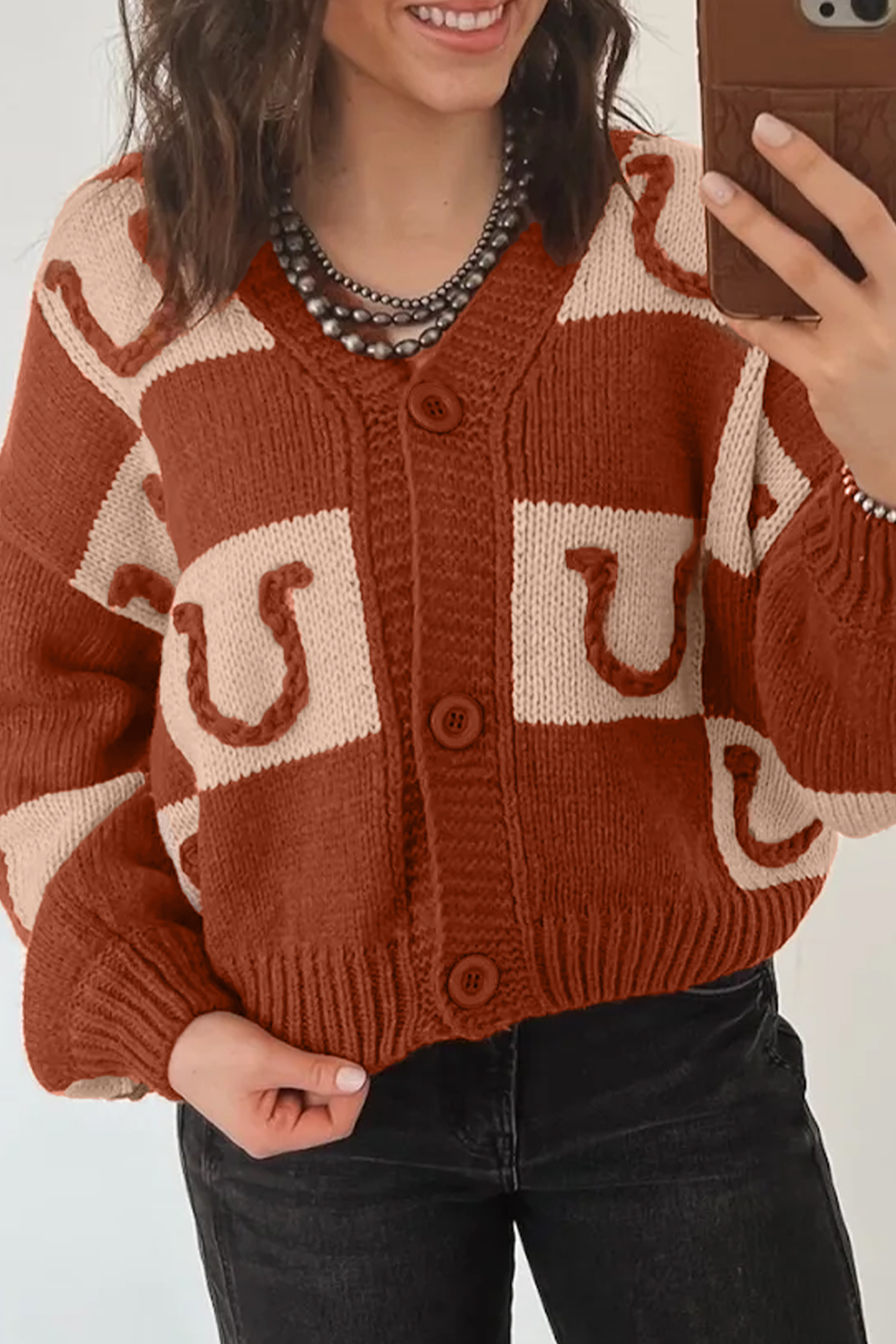 Autumn Knit Horseshoe Sweater, Women's Plaid Button Cardigan - Detail View 6 Autumn Knit Horseshoe Sweater, Women's Plaid Button Cardigan - Detail View 6