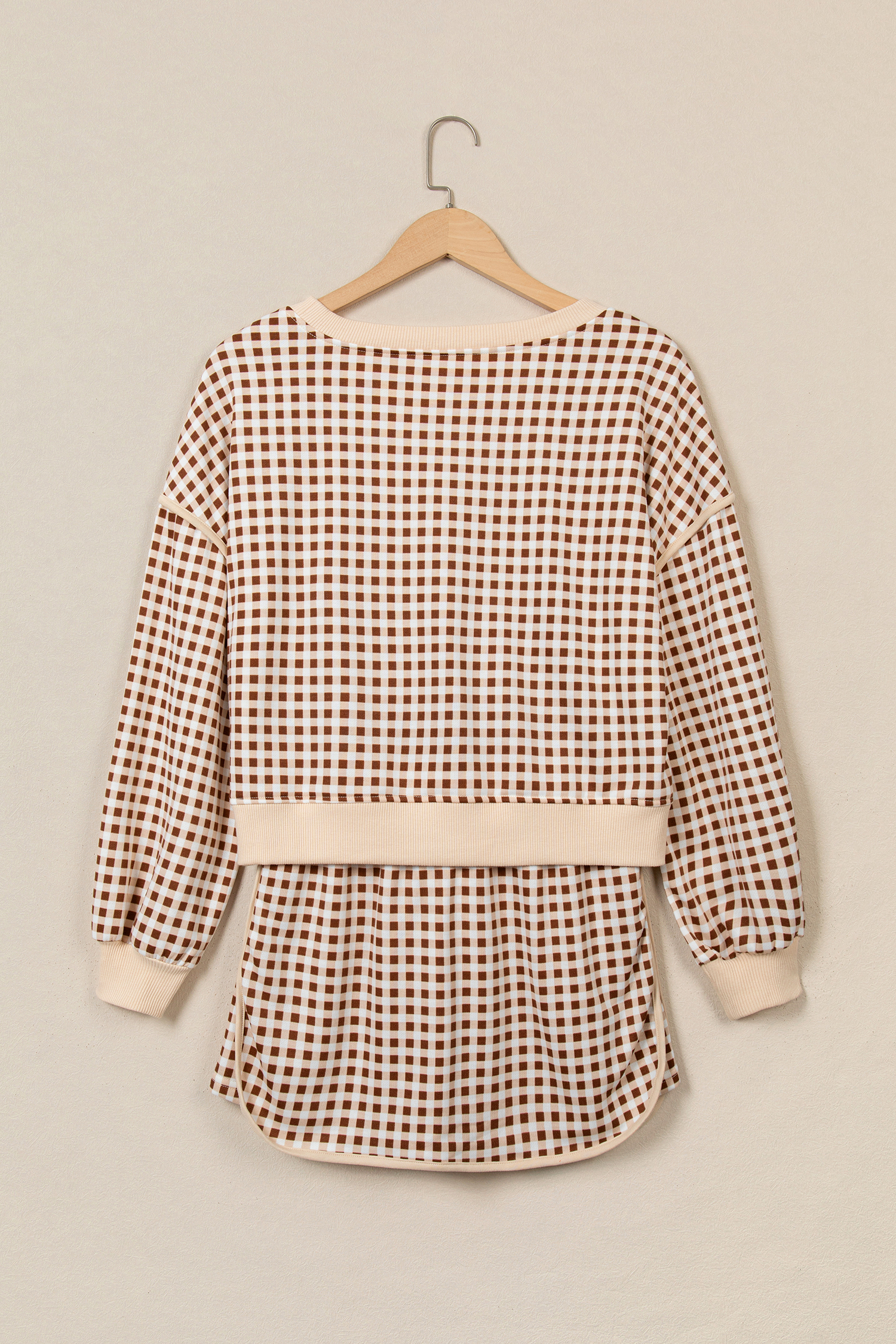 Brown Plaid Long Sleeve Set, Women's Gingham Crew Neck Top - Detail View 5 Brown Plaid Long Sleeve Set, Women's Gingham Crew Neck Top - Detail View 5