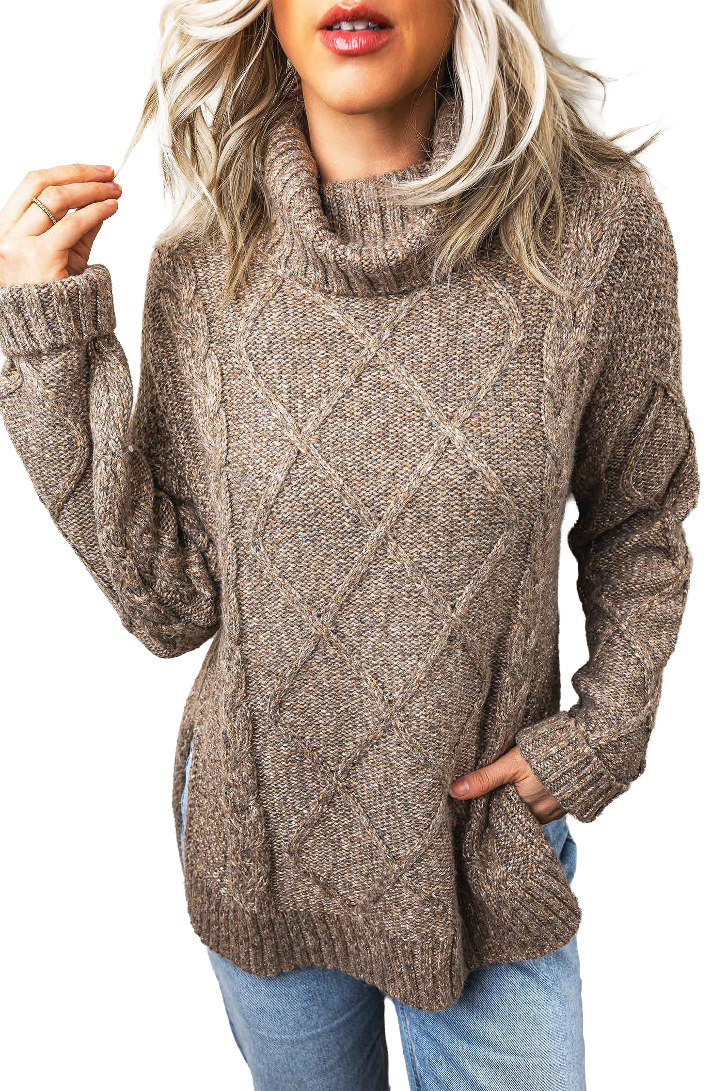 Cable Knit Women's Drop Shoulder Sweater, Khaki Mock Neck - Detail View 2 Cable Knit Women's Drop Shoulder Sweater, Khaki Mock Neck - Detail View 2