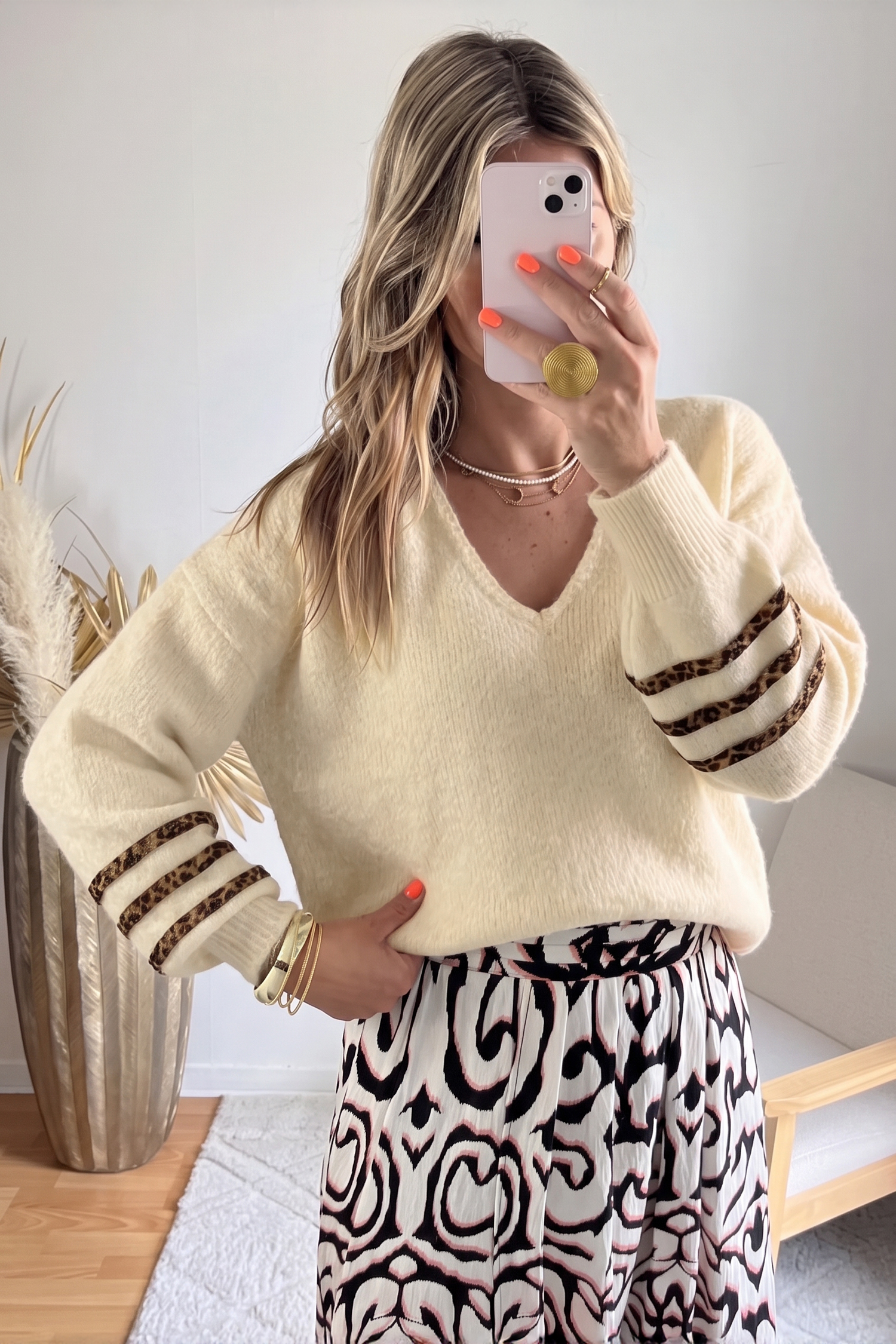 Leopard Striped Knit Sweater, Chic Women Fall Pullover - Detail View 5 Leopard Striped Knit Sweater, Chic Women Fall Pullover - Detail View 5