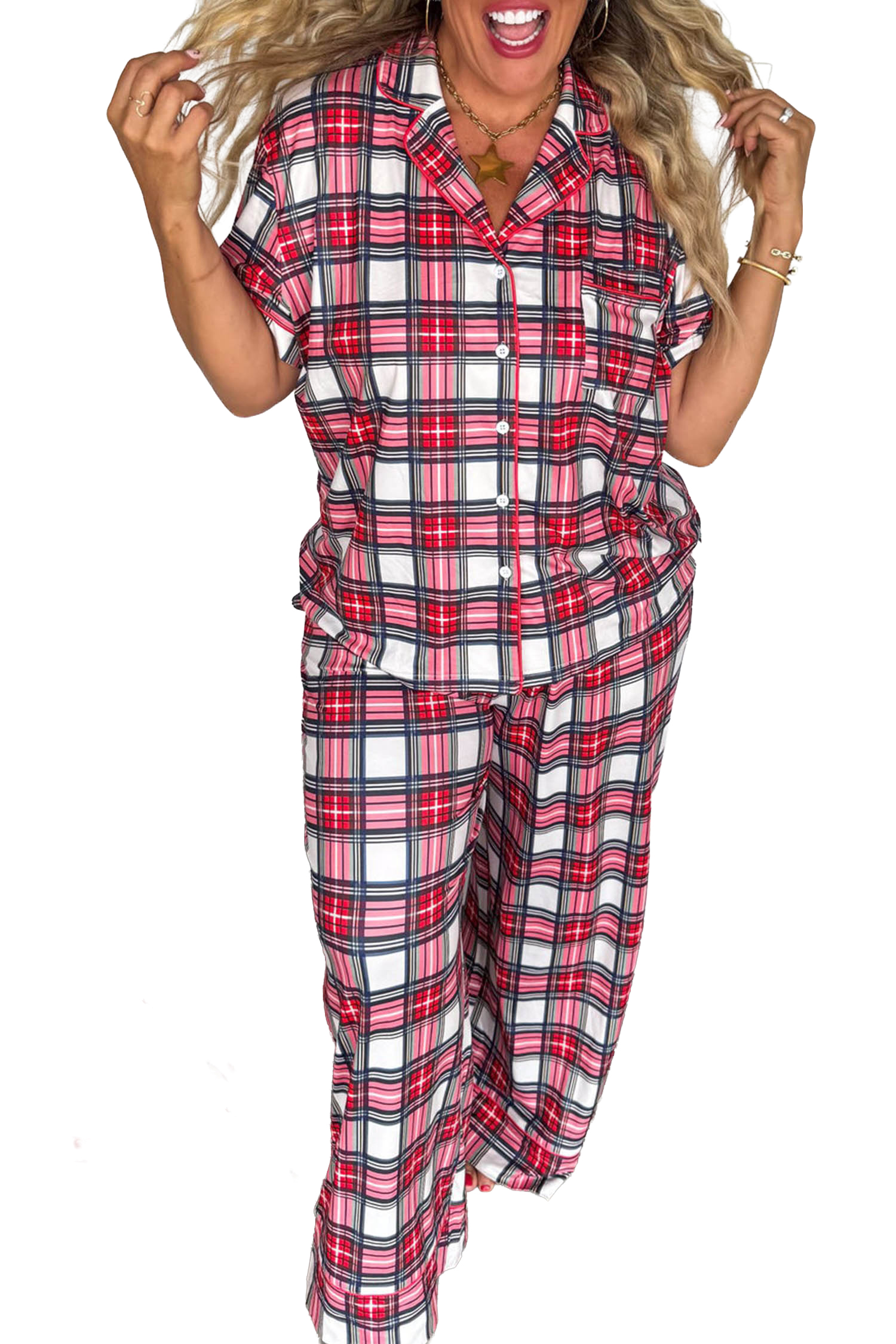 Womens Red Plaid Pajama Set, Short Sleeve Christmas Sleepwear - Detail View 2 Womens Red Plaid Pajama Set, Short Sleeve Christmas Sleepwear - Detail View 2