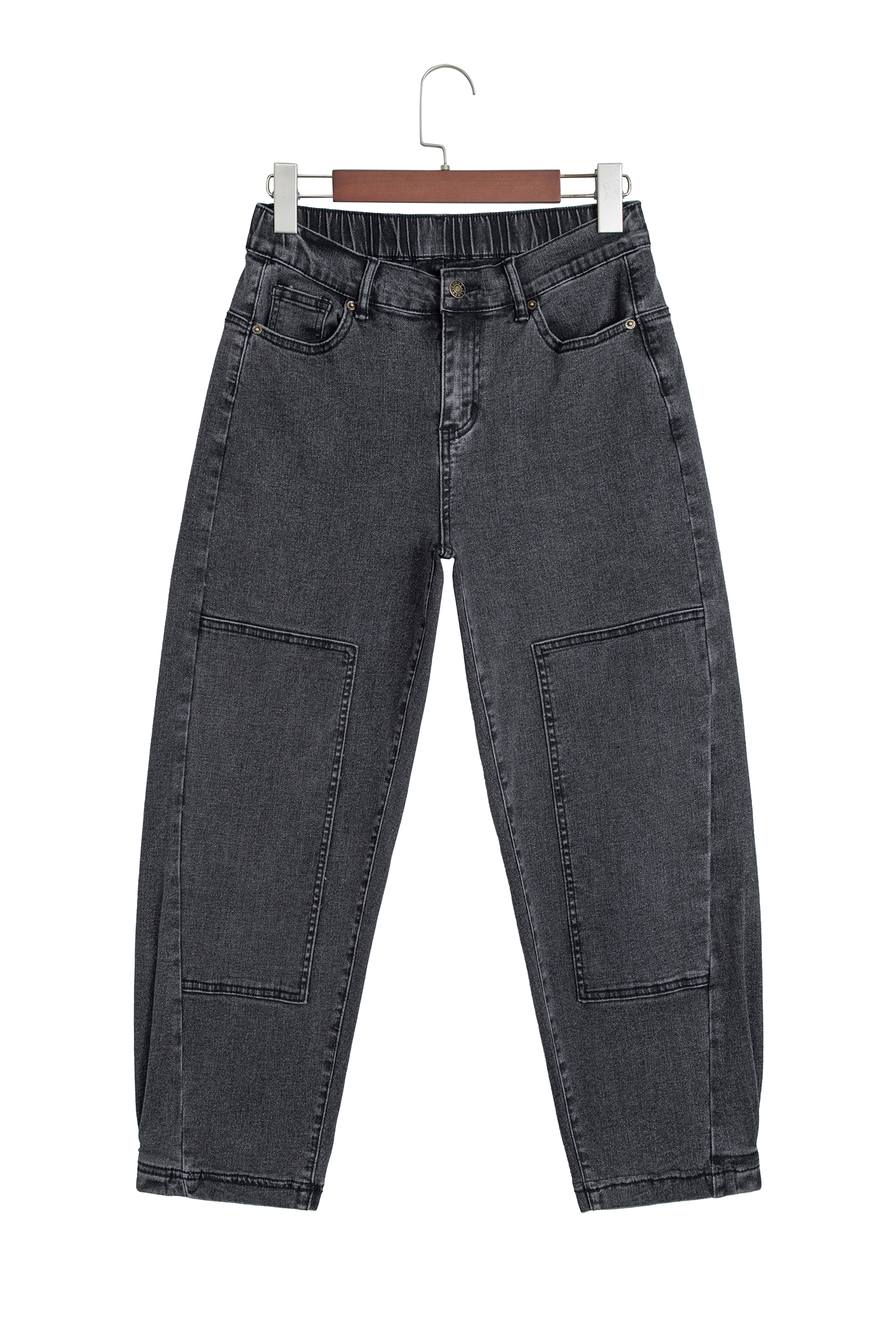 Women's Stretch Denim Jeans, Carbon Grey Barrel Pants - Detail View 6 Women's Stretch Denim Jeans, Carbon Grey Barrel Pants - Detail View 6