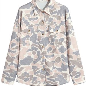 Women's Camo Button Down Shacket, Casual Daily Tunic - Main View
