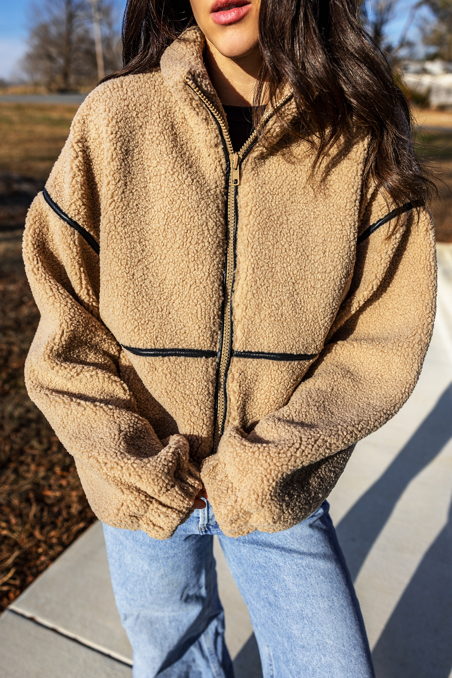 Women's Parchment Fleece Jacket, Drop Shoulder Sherpa Coat - Detail View 5 Women's Parchment Fleece Jacket, Drop Shoulder Sherpa Coat - Detail View 5