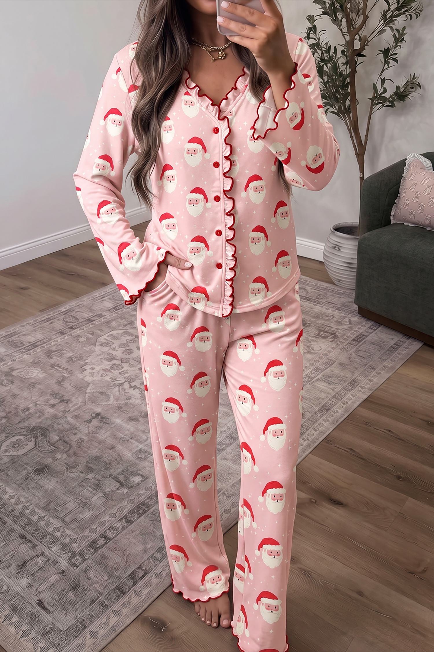 Pink Christmas Pajamas for Women, Santa Frill Lounge Set - Detail View 2 Pink Christmas Pajamas for Women, Santa Frill Lounge Set - Detail View 2
