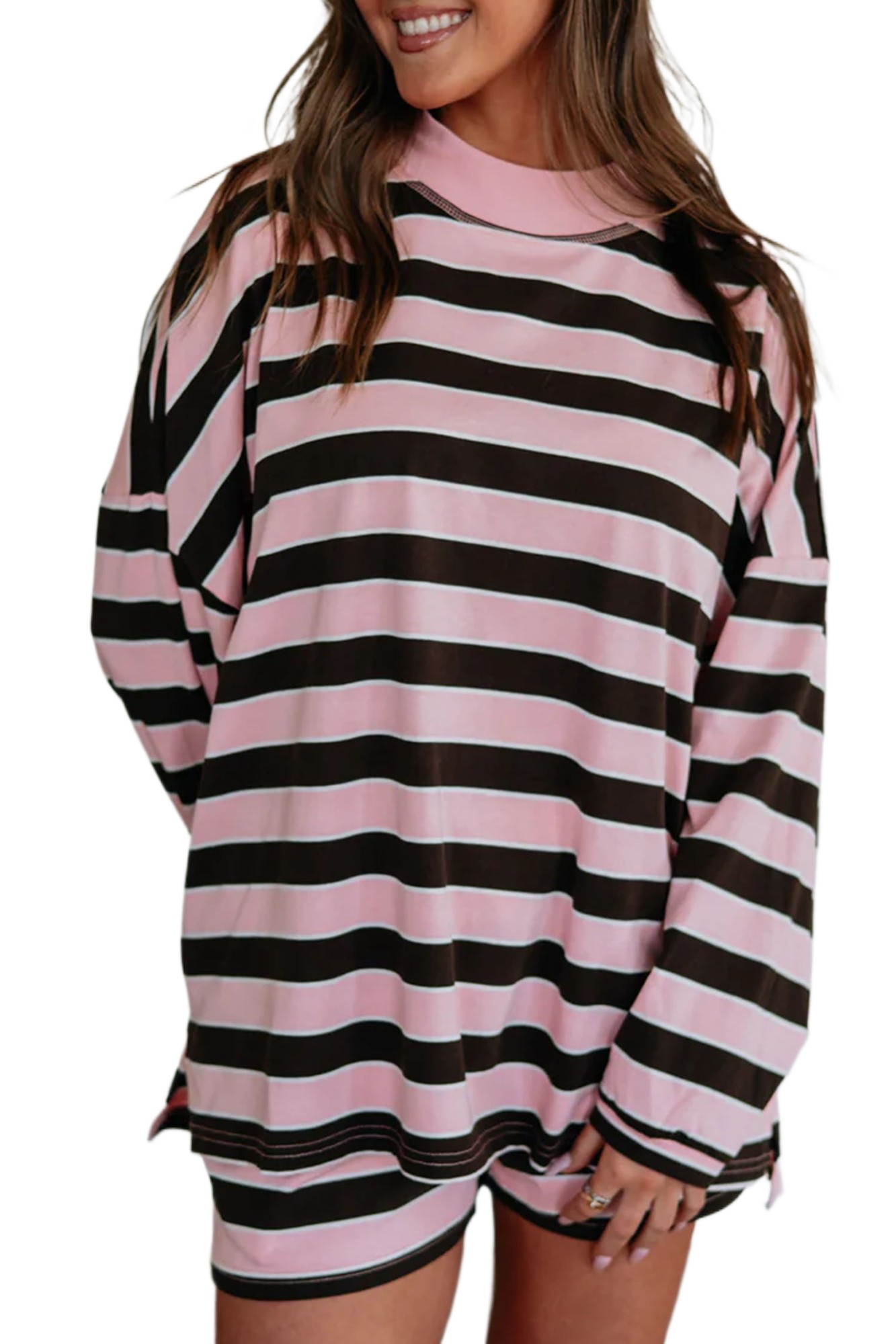 Women's Striped Shorts Set, Casual Oversized Two Piece - Main View Women's Striped Shorts Set, Casual Oversized Two Piece - Main View