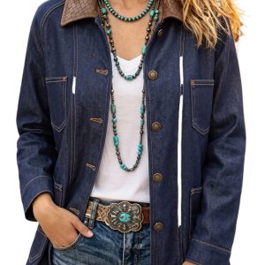 Women's Western Denim Jacket, Contrast Collar Autumn Coat - Main View