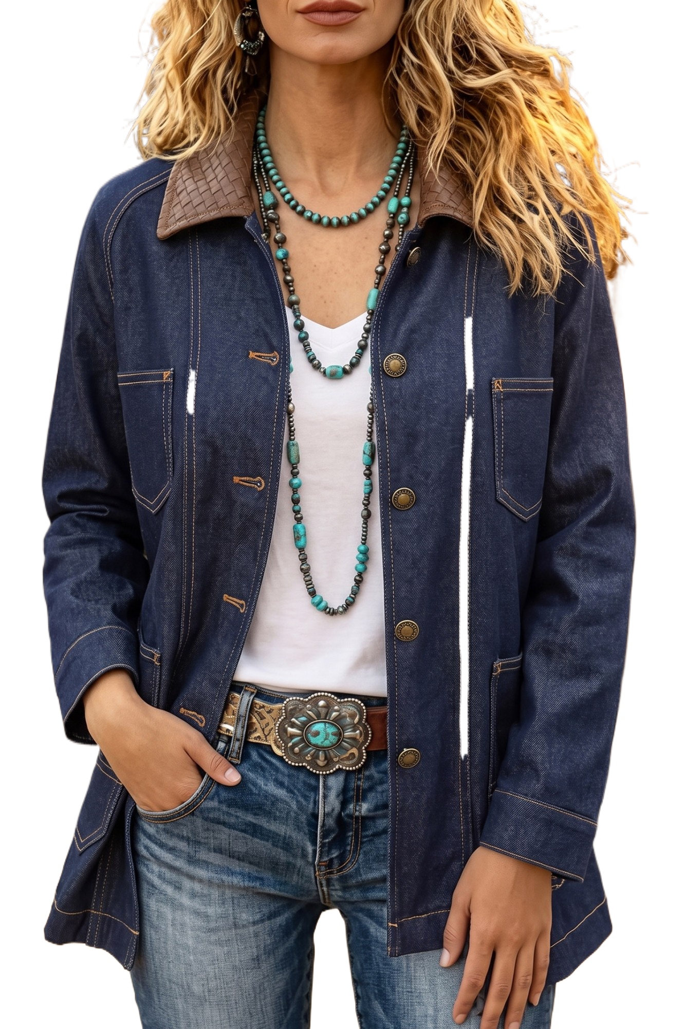 Women's Western Denim Jacket, Contrast Collar Autumn Coat - Main View Women's Western Denim Jacket, Contrast Collar Autumn Coat - Main View