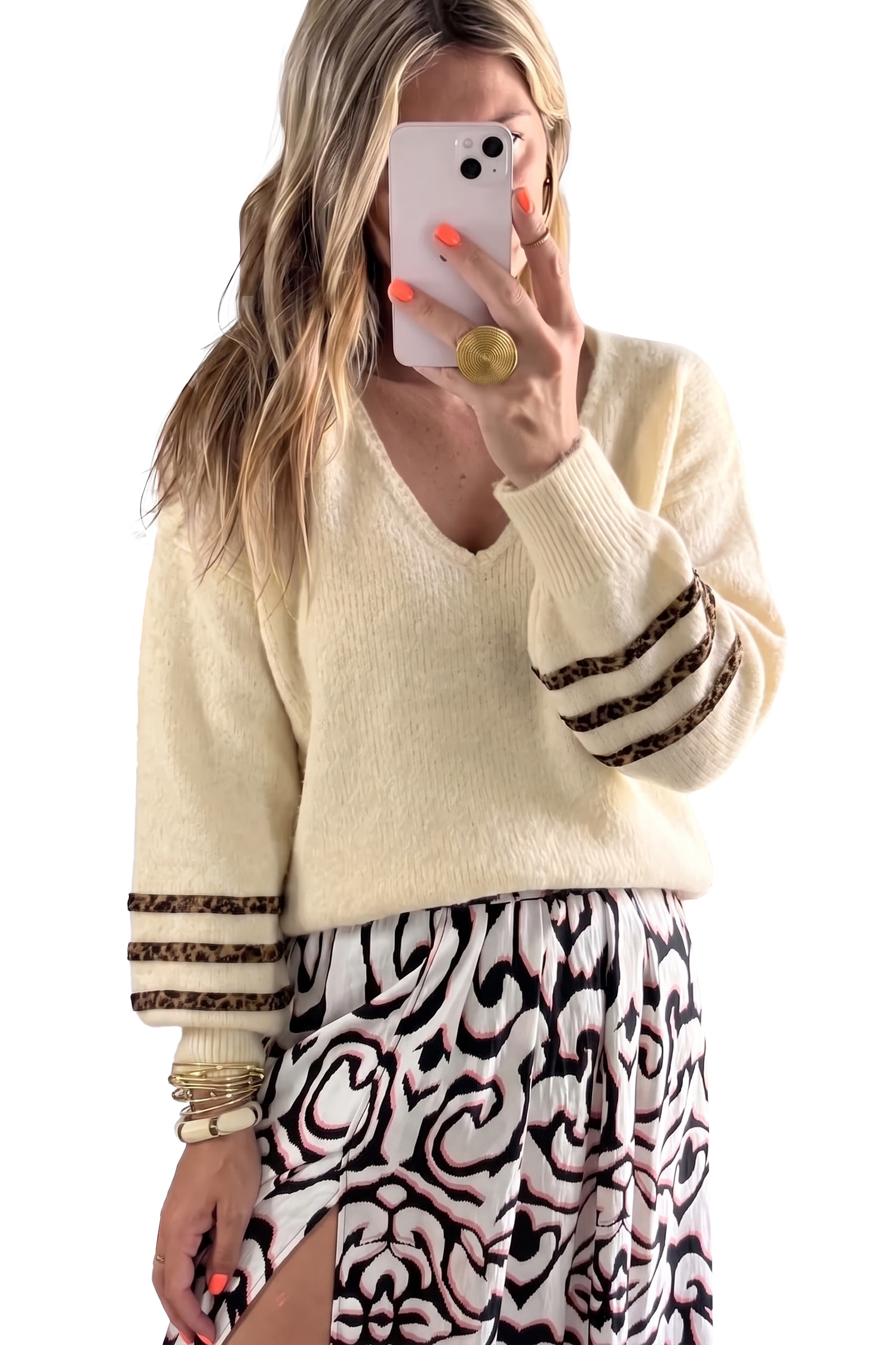Women's Beige V Neck Sweater, Casual Daily Knitwear - Main View Women's Beige V Neck Sweater, Casual Daily Knitwear - Main View
