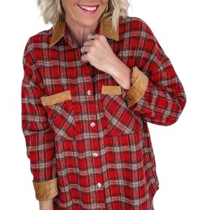 Women's Plaid Button Shacket, Casual Collared Jacket - Main View