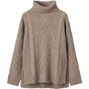 Dark Khaki Women's Cable Knit Sweater, Mock Neck Casual Top - Main View