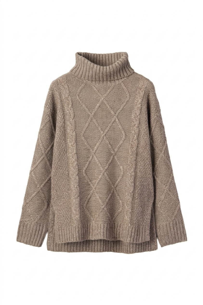 Dark Khaki Women's Cable Knit Sweater, Mock Neck Casual Top - Main View Dark Khaki Women's Cable Knit Sweater, Mock Neck Casual Top - Main View