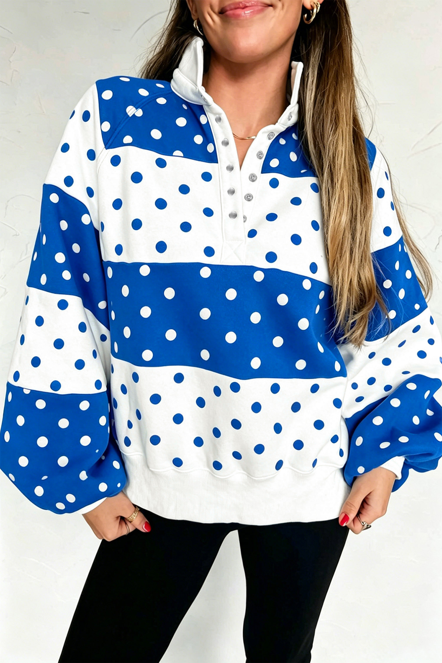 Blue Colorblock Pullover, Polka Dot Puff Sleeve Women Top - Detail View 2 Blue Colorblock Pullover, Polka Dot Puff Sleeve Women Top - Detail View 2