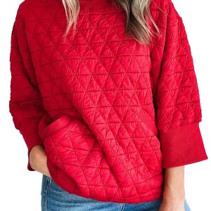 Women's Quilted Diamond Top, Casual Round Neck 3/4 Sleeve - Main View