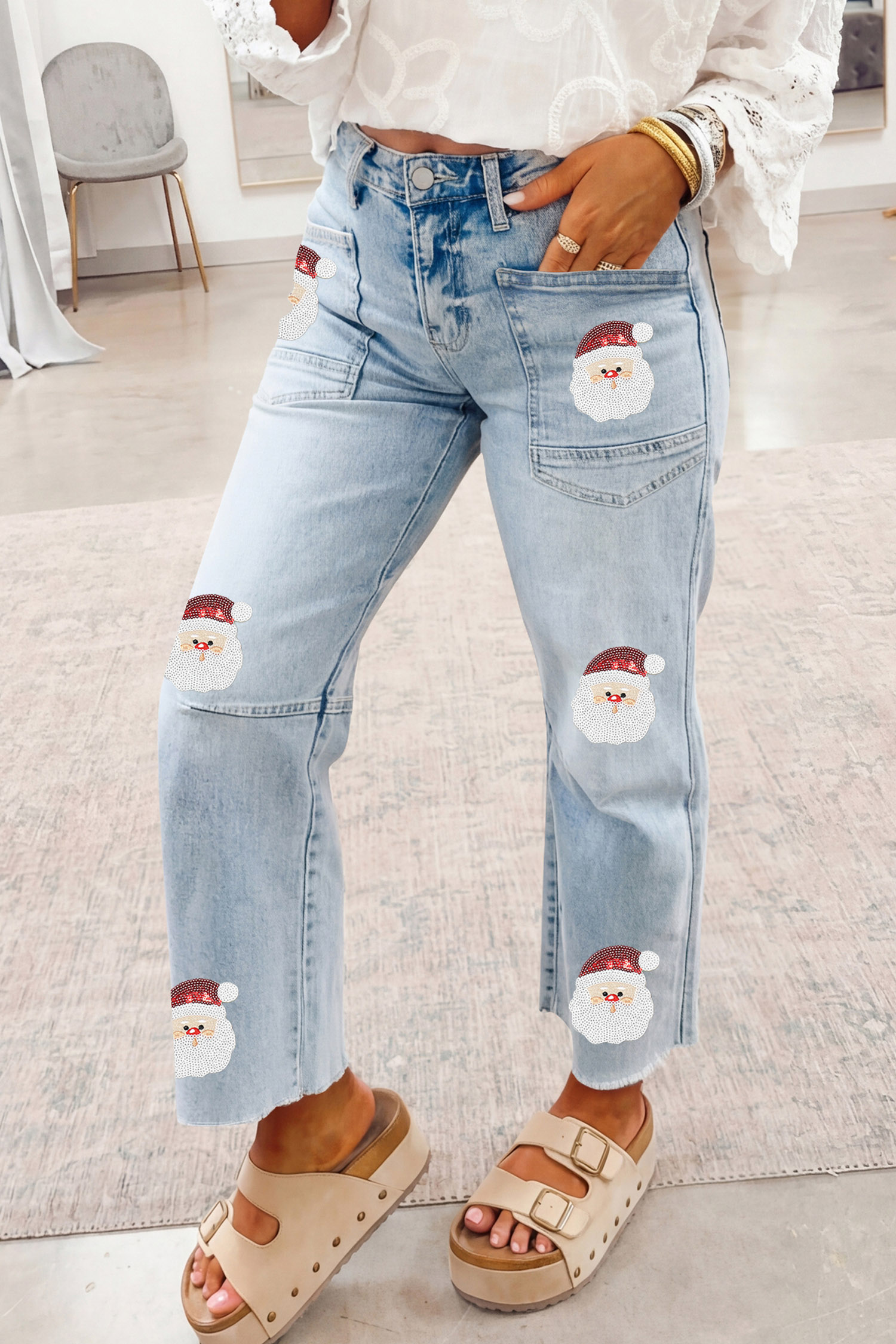 Women's Christmas Patch Jeans, Beau Blue Festive Denim - Detail View 8 Women's Christmas Patch Jeans, Beau Blue Festive Denim - Detail View 8