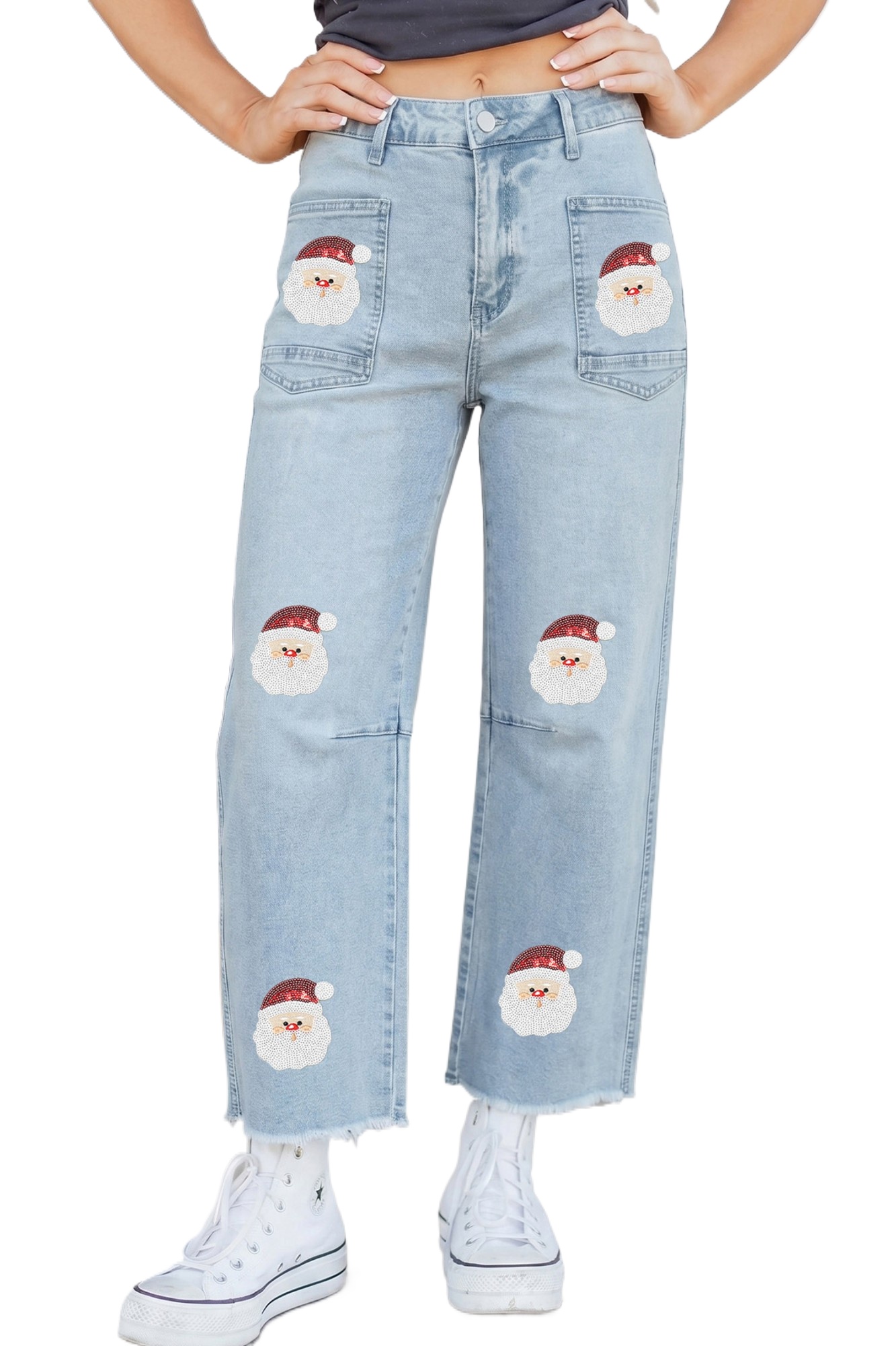 Women's Santa Sequin Jeans, High Waist Ankle Denim - Main View Women's Santa Sequin Jeans, High Waist Ankle Denim - Main View