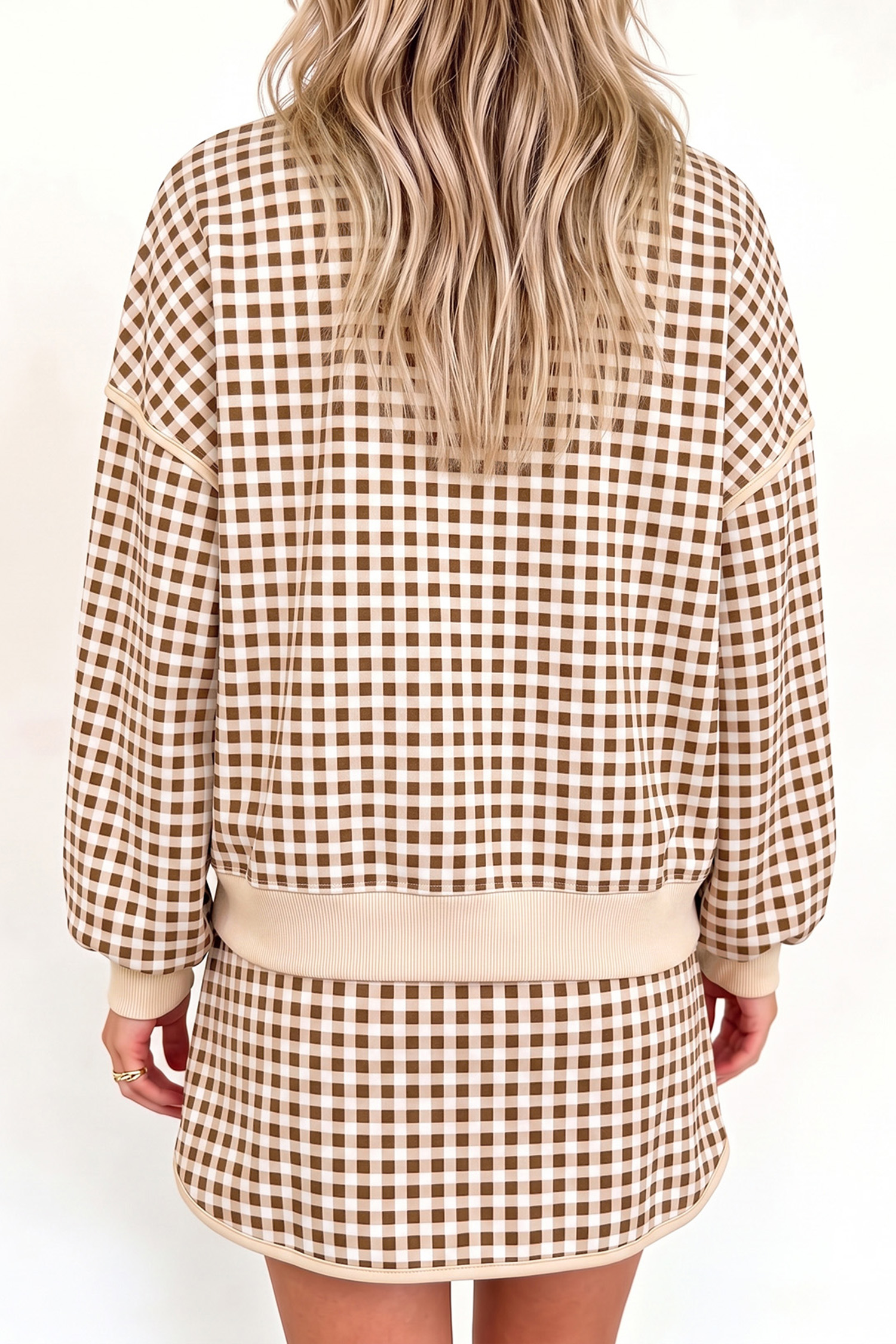 Brown Plaid Long Sleeve Set, Women's Gingham Crew Neck Top - Detail View 2 Brown Plaid Long Sleeve Set, Women's Gingham Crew Neck Top - Detail View 2