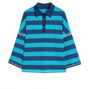 Women's Striped Polo Collar Top, Casual Loose Daily Shirt - Main View