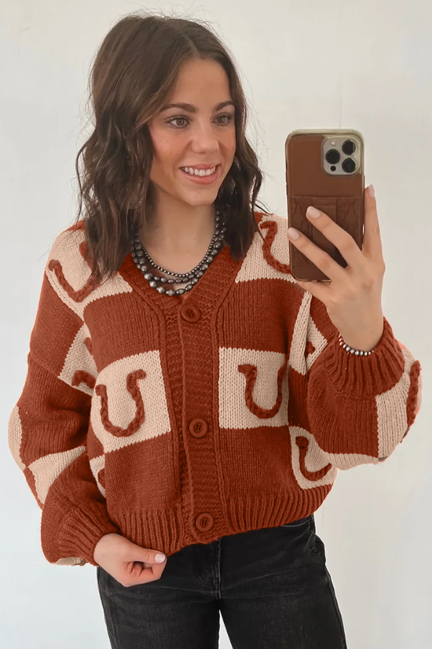 Autumn Knit Horseshoe Sweater, Women's Plaid Button Cardigan - Detail View 3 Autumn Knit Horseshoe Sweater, Women's Plaid Button Cardigan - Detail View 3
