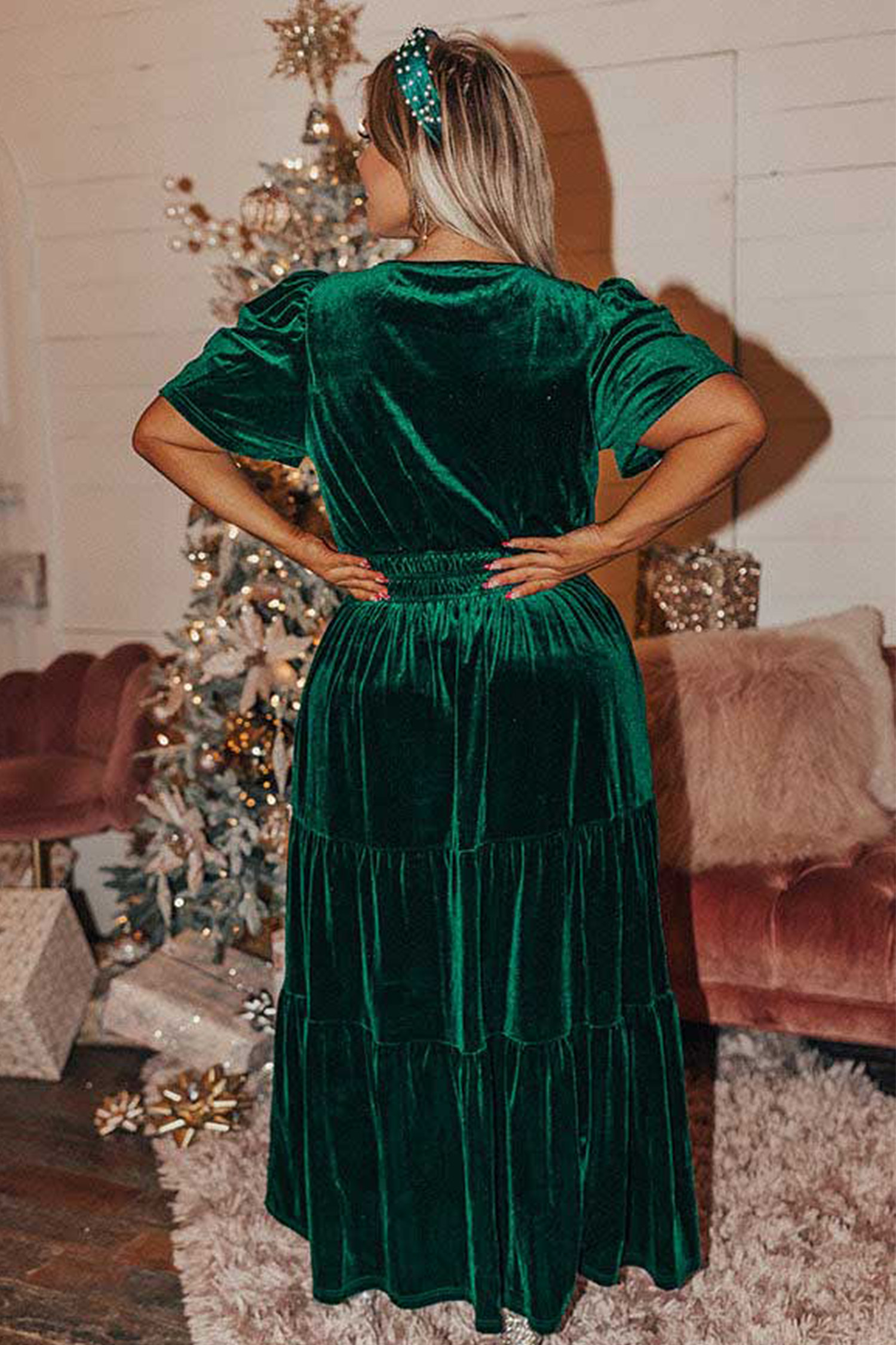 Solid Green Velvet Dress, Short Sleeve Shirred High Waist - Detail View 5 Solid Green Velvet Dress, Short Sleeve Shirred High Waist - Detail View 5