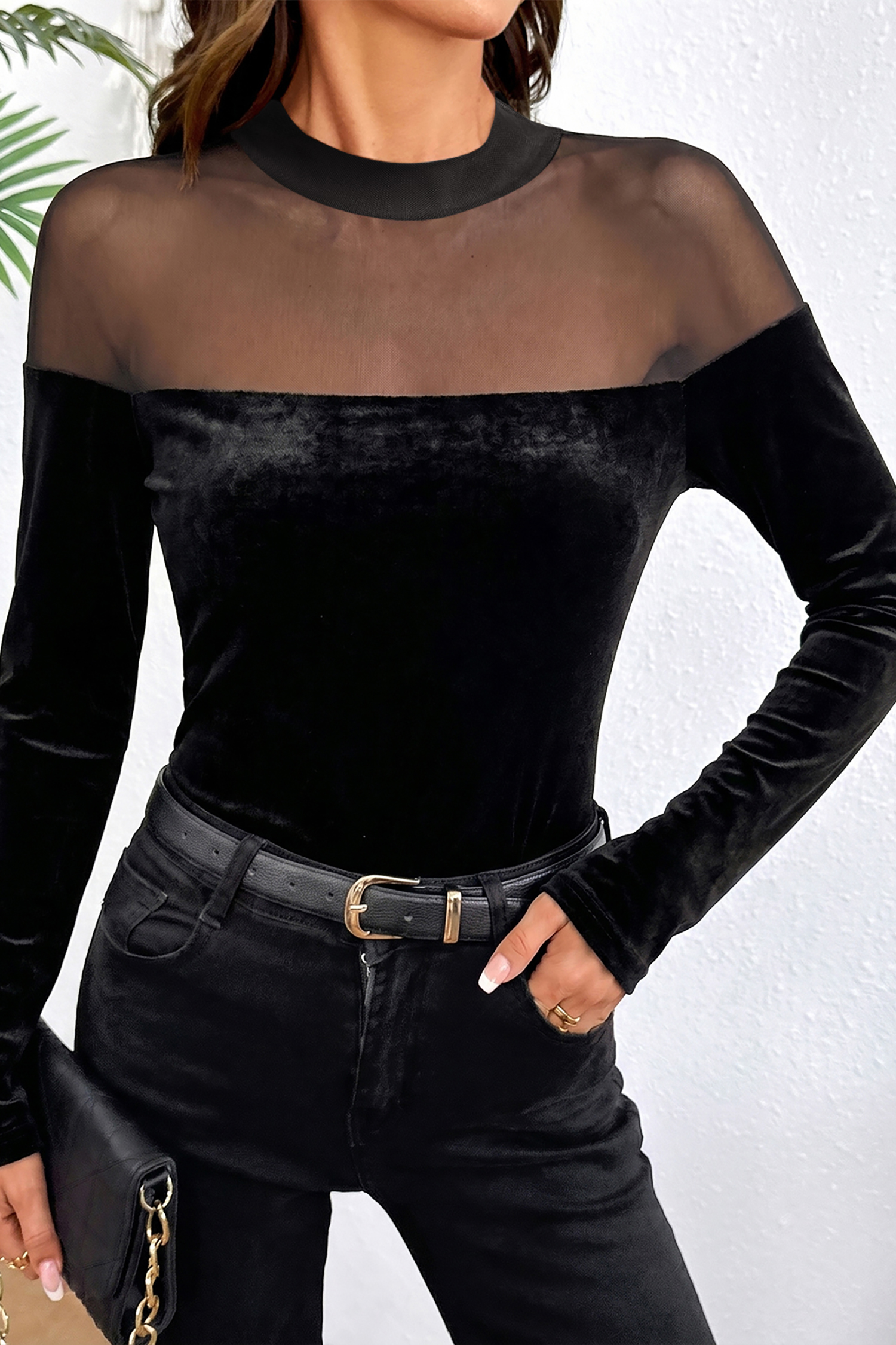 Black Velvet Patchwork Top, Women's Slim Autumn Pullover - Detail View 3 Black Velvet Patchwork Top, Women's Slim Autumn Pullover - Detail View 3