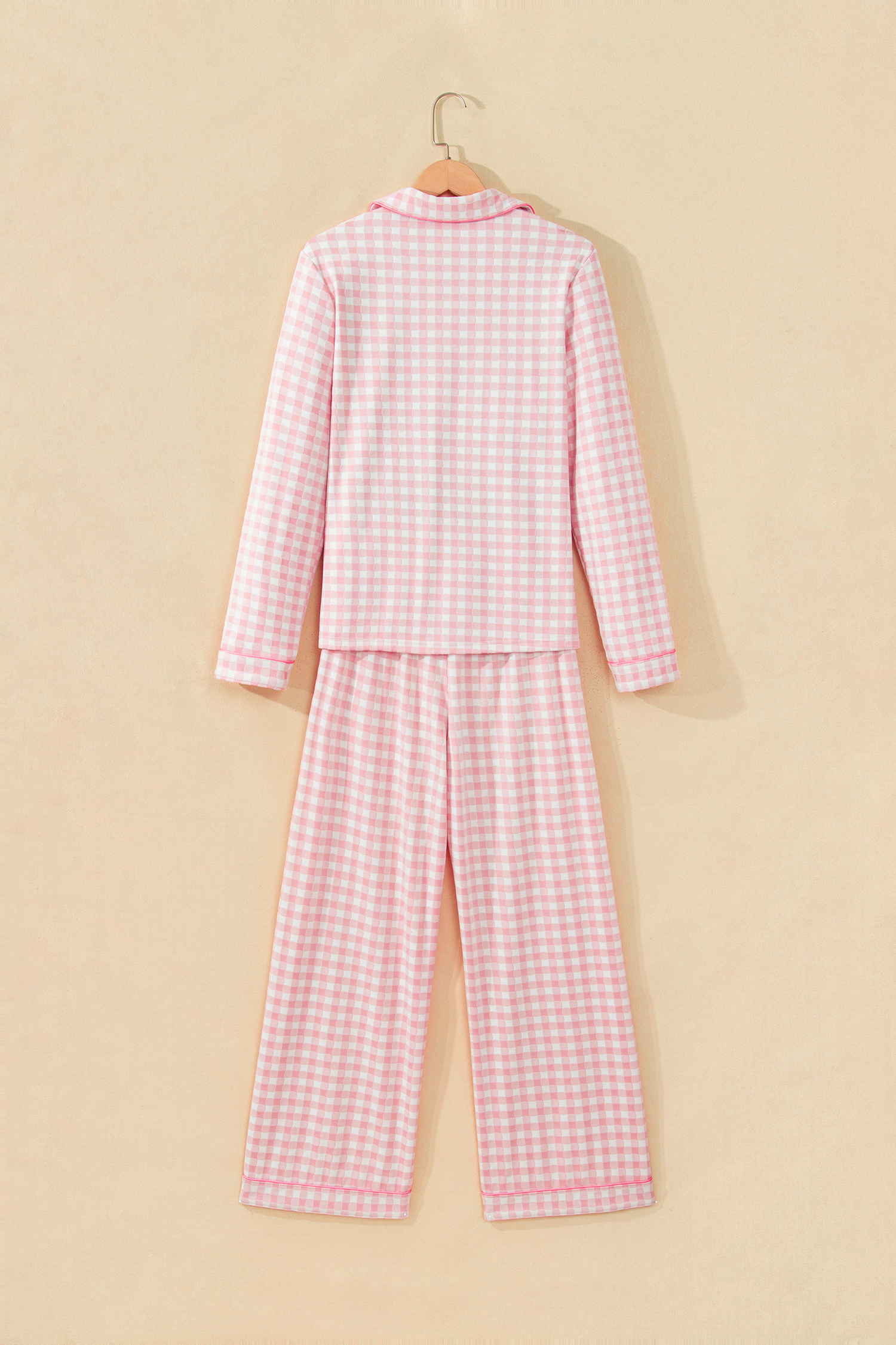 Gingham Print PJ Set, Women's Lapel Shirt High Waist Pants - Detail View 5 Gingham Print PJ Set, Women's Lapel Shirt High Waist Pants - Detail View 5