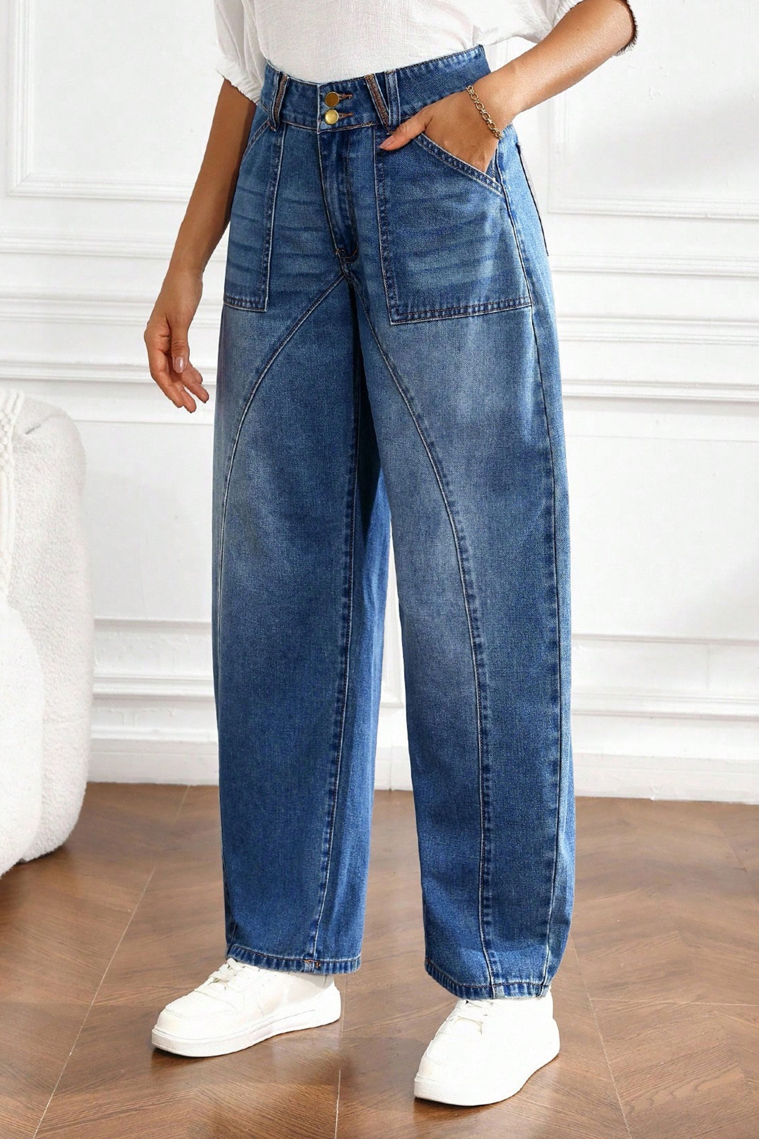 Women's Ashleigh Blue Denim Jeans, Stretch Barrel Fit - Detail View 3 Women's Ashleigh Blue Denim Jeans, Stretch Barrel Fit - Detail View 3