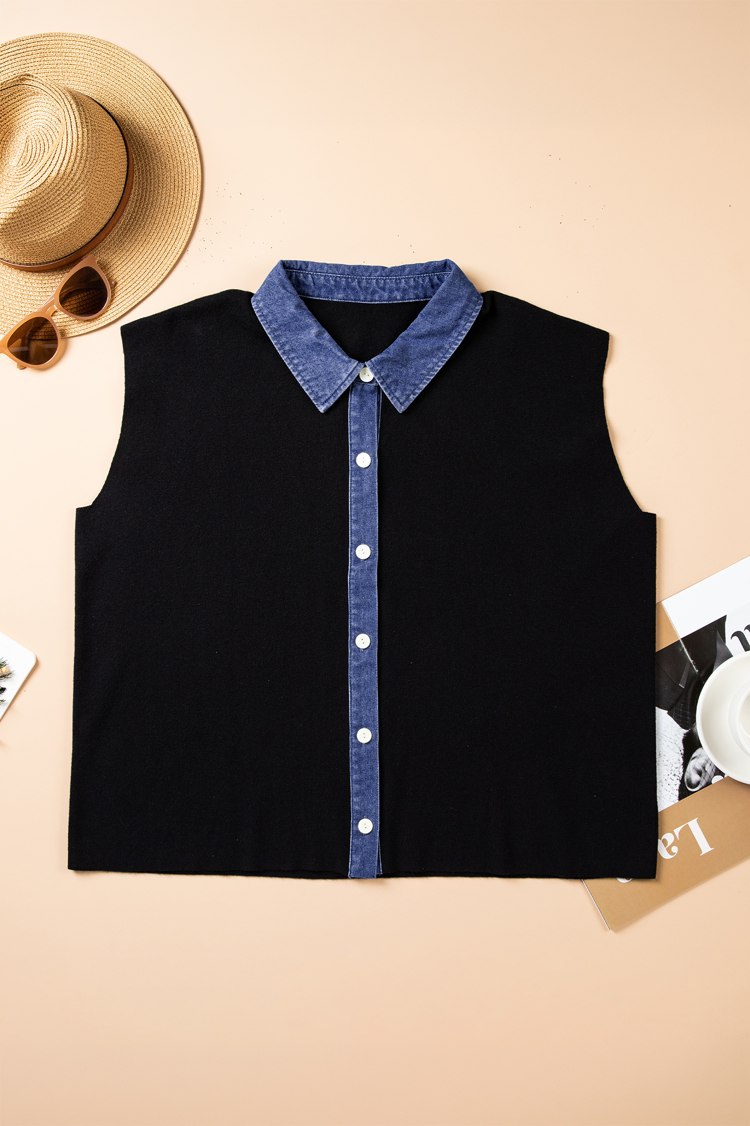 Women's Colorblock Knit Top, Sleeveless V Neck Cardigan - Detail View 3 Women's Colorblock Knit Top, Sleeveless V Neck Cardigan - Detail View 3