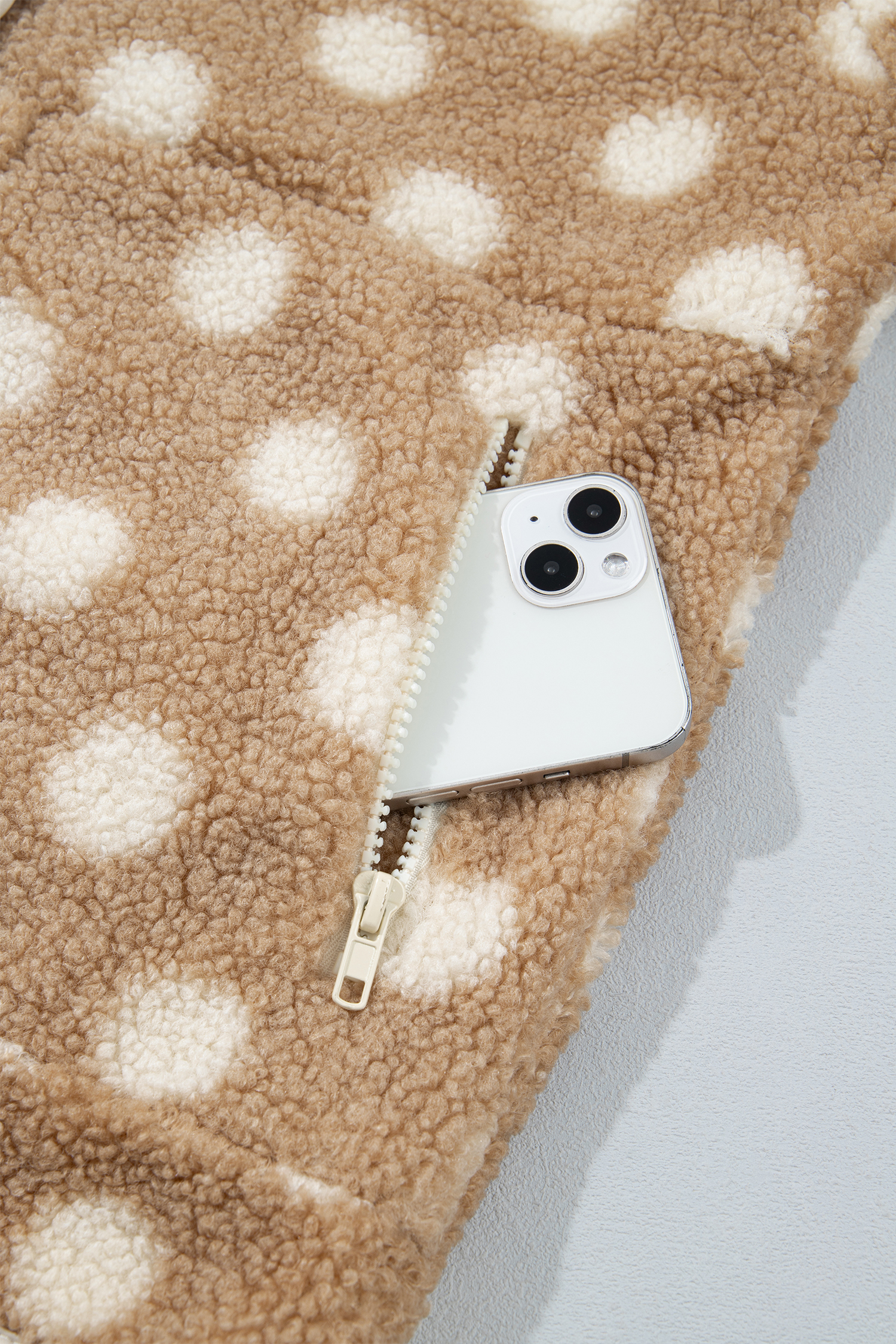 Women's Polka Dot Fleece Jacket, Warm Khaki Sherpa Coat - Detail View 11 Women's Polka Dot Fleece Jacket, Warm Khaki Sherpa Coat - Detail View 11