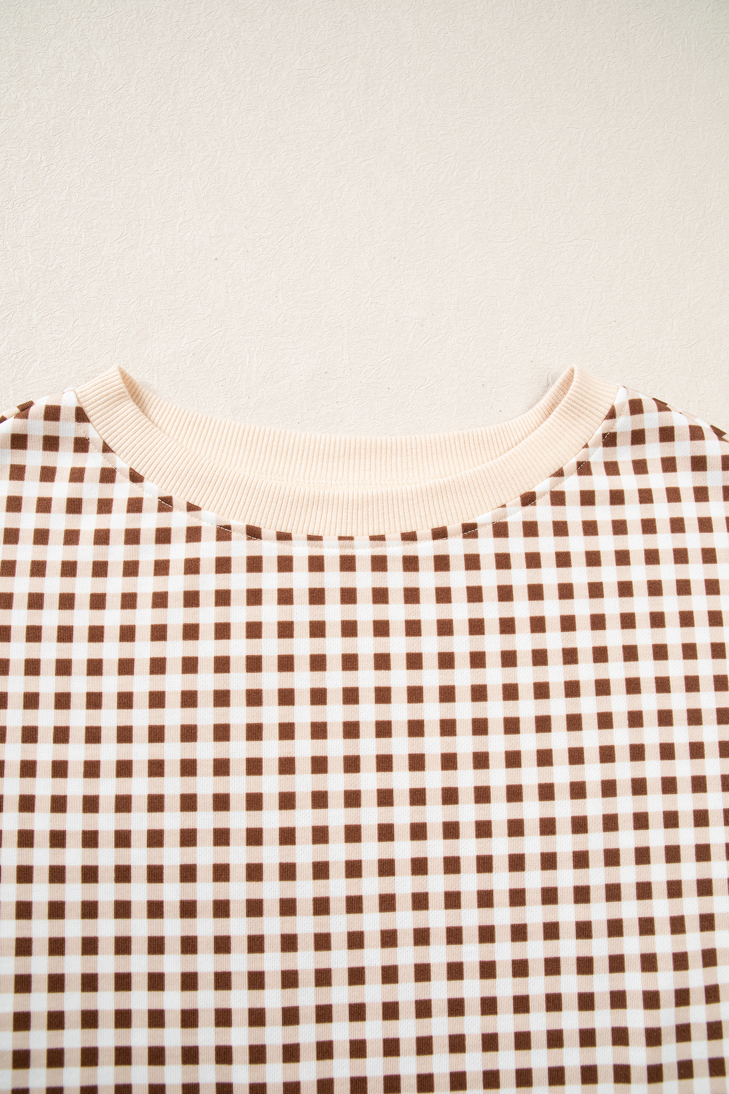 Women's Ribbed Trim Skort Set, Brown Plaid Autumn Loungewear - Detail View 6 Women's Ribbed Trim Skort Set, Brown Plaid Autumn Loungewear - Detail View 6