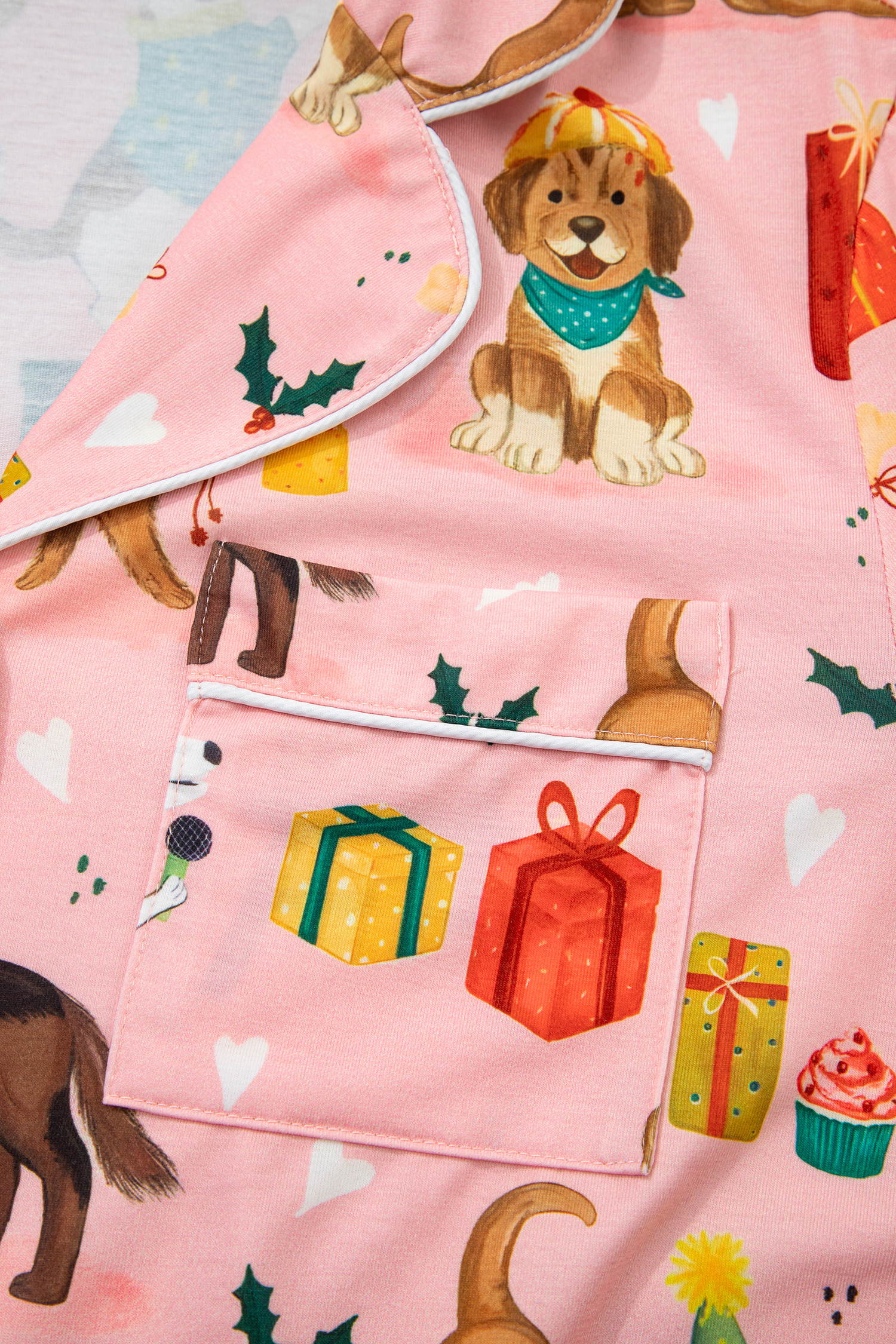 Pink Christmas Dog Pajama Set, Festive Long Sleeve Sleepwear - Detail View 11 Pink Christmas Dog Pajama Set, Festive Long Sleeve Sleepwear - Detail View 11